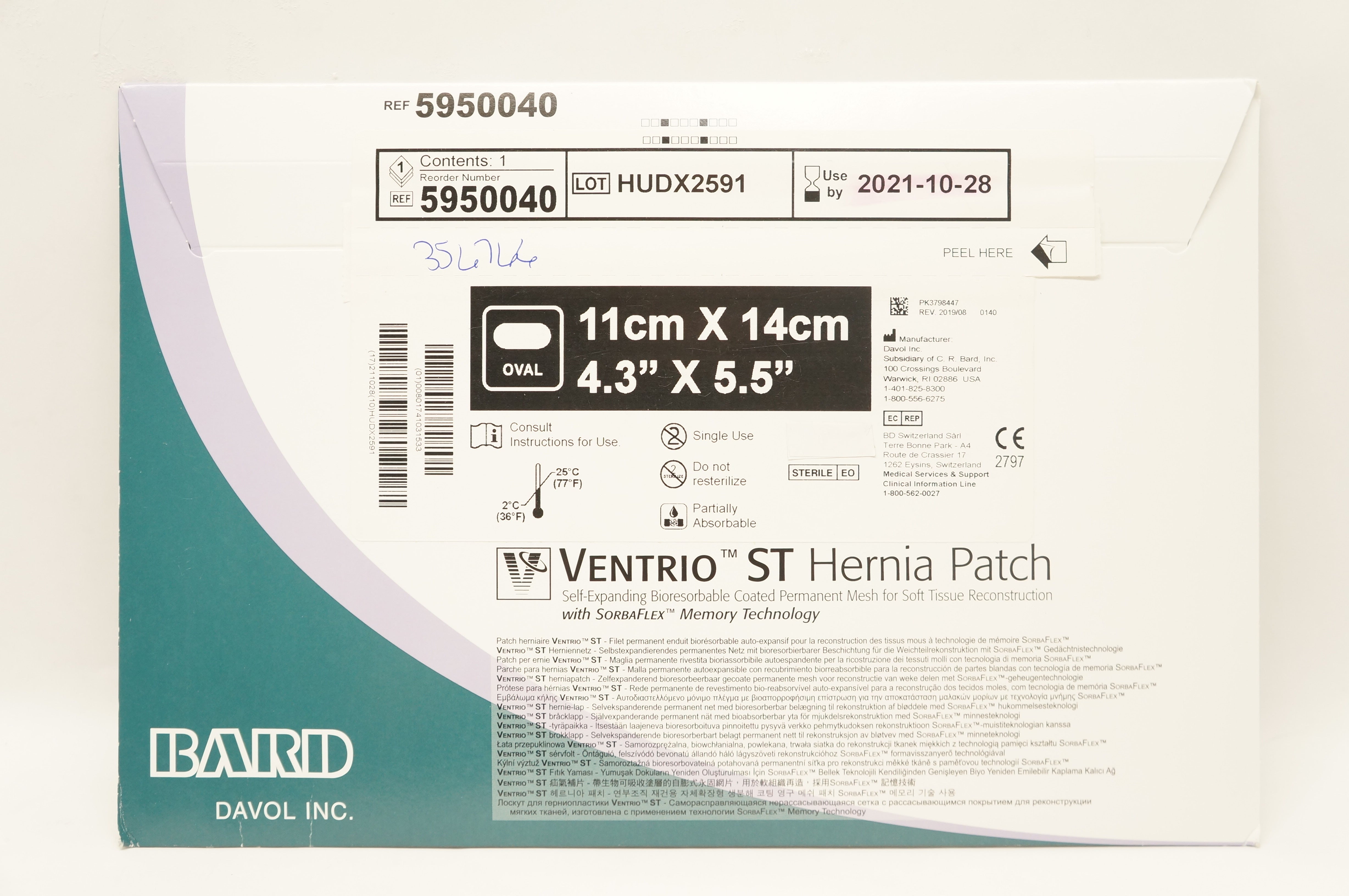 Bard 5950040 Davol Ventrio ST Hernia Patch, Oval, 4.3inch x 5.5inch (x)