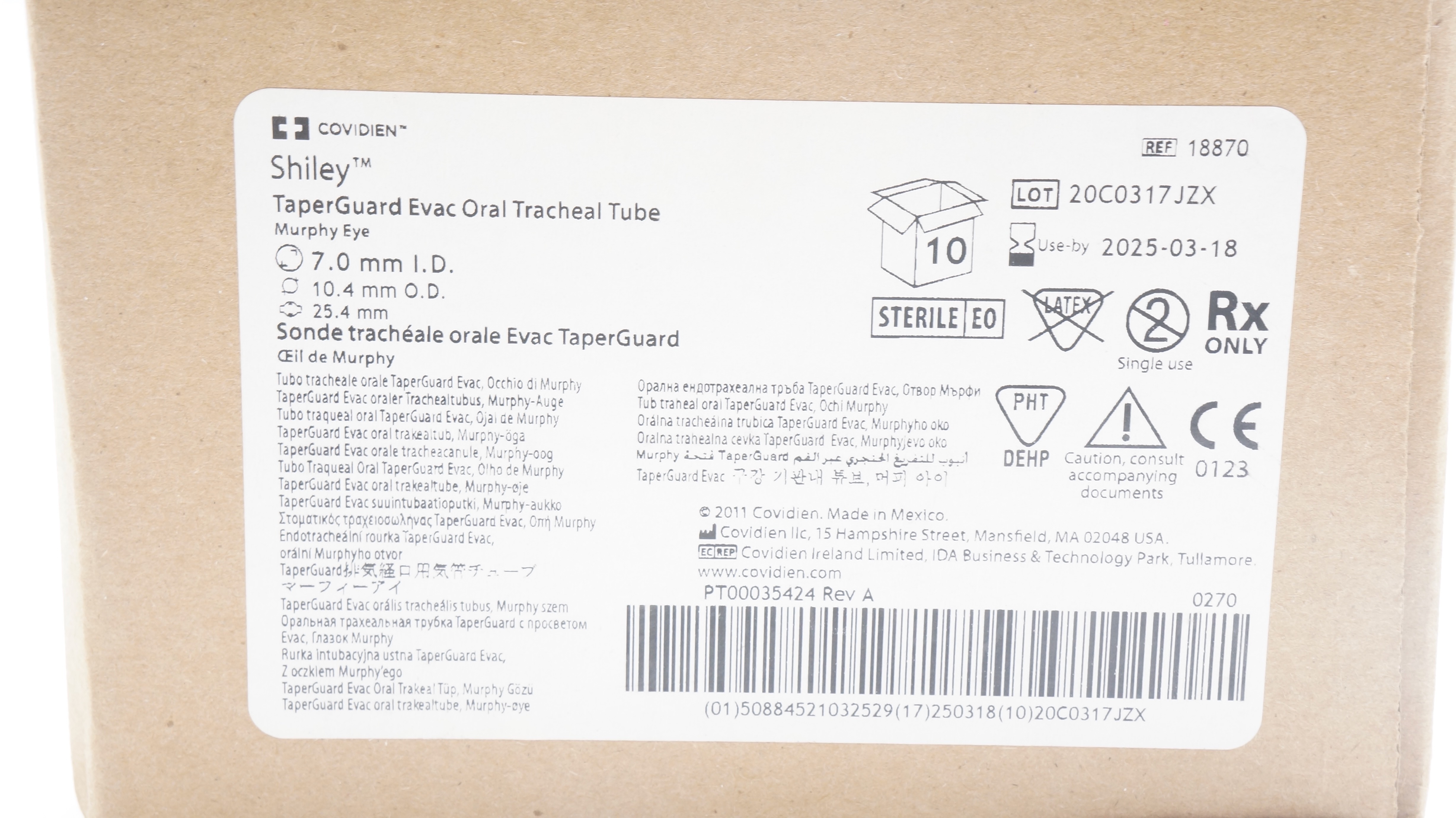 Covidien 18870 Shiley Oral Tracheal Tube 7.0ID x 10.4OD x 25.4mm - Box of 10