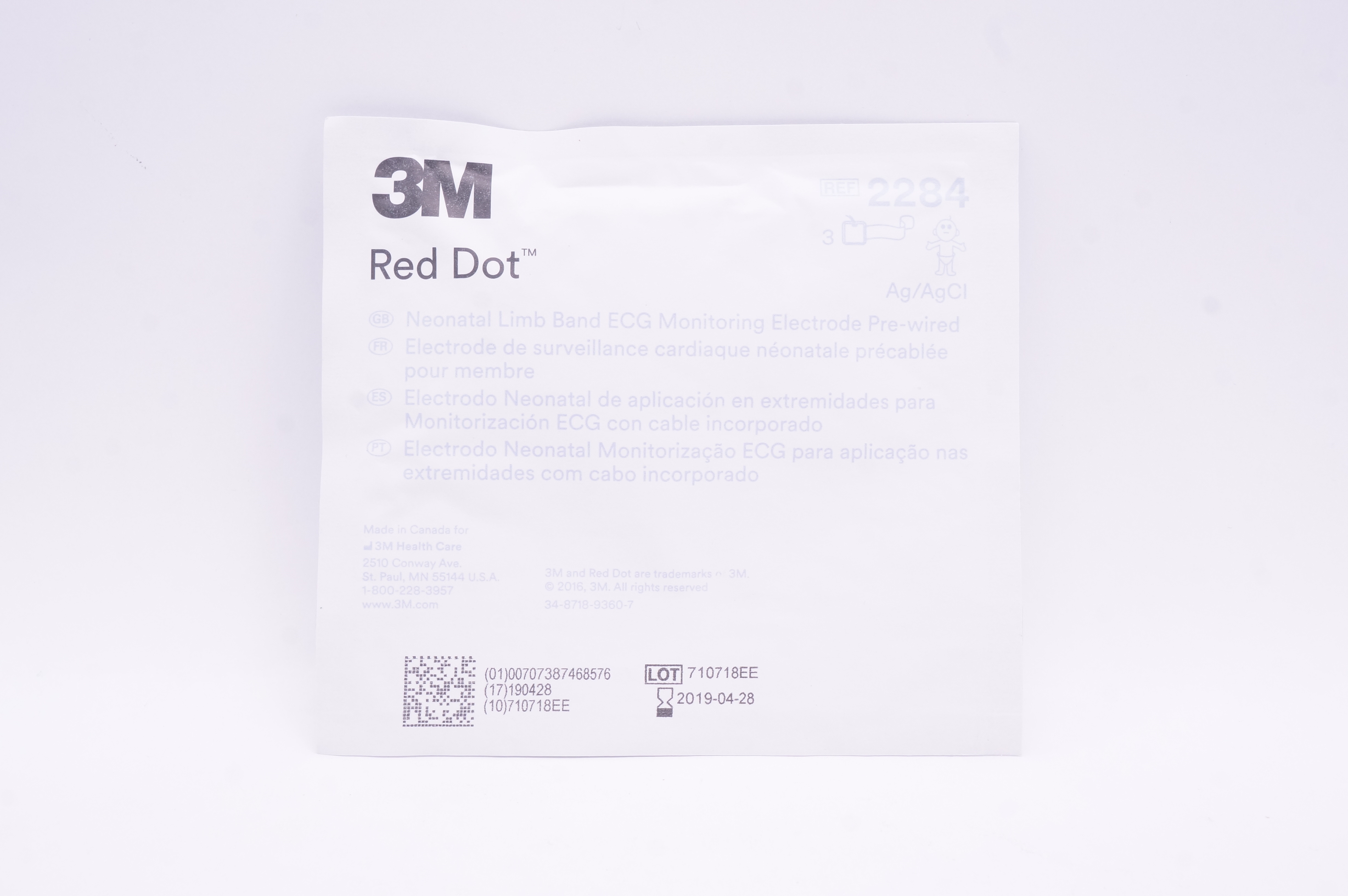 3M 2284 Red Dot Neonatal Limb Band ECG Monitoring Electrode Pre-Wired (x)