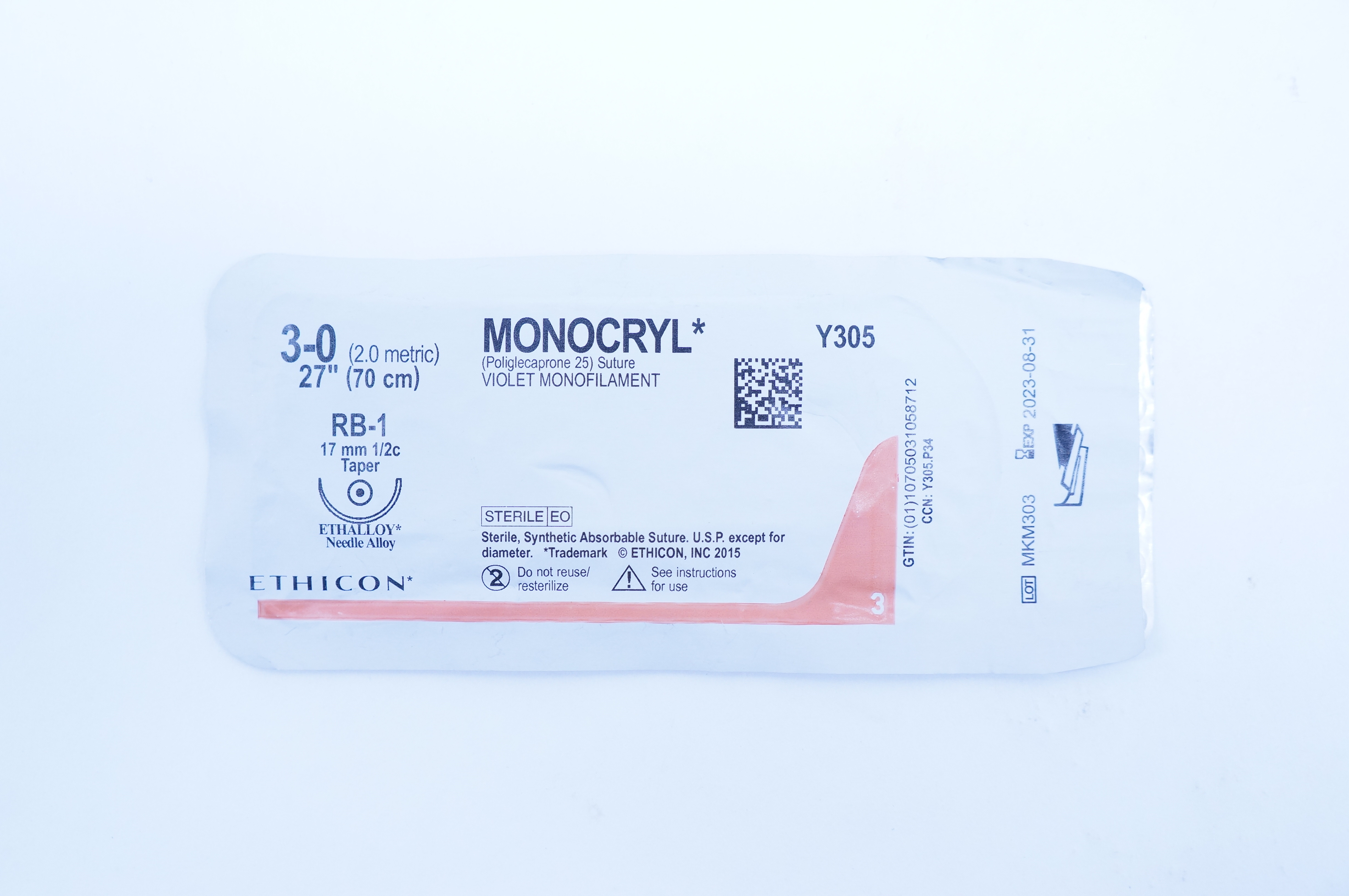 Ethicon Y305 3-0 MONOCRYL, RB-1, 17mm 1/2c Taper, 27inch