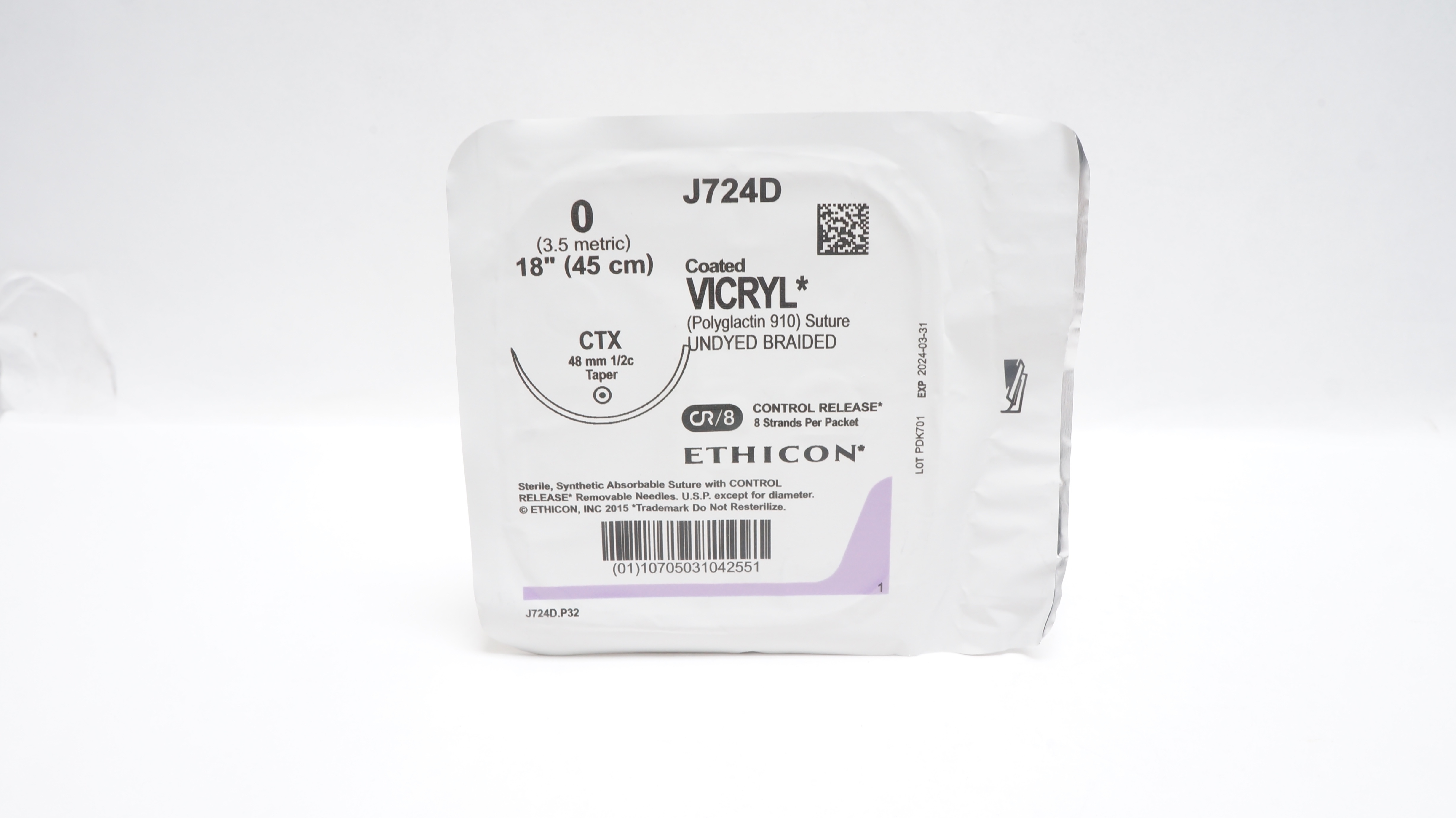 Ethicon J724D 0 Coated Vicryl Stre,CTX 48mm 1/2c Taper,18In-Pack of 8 Stands (x)
