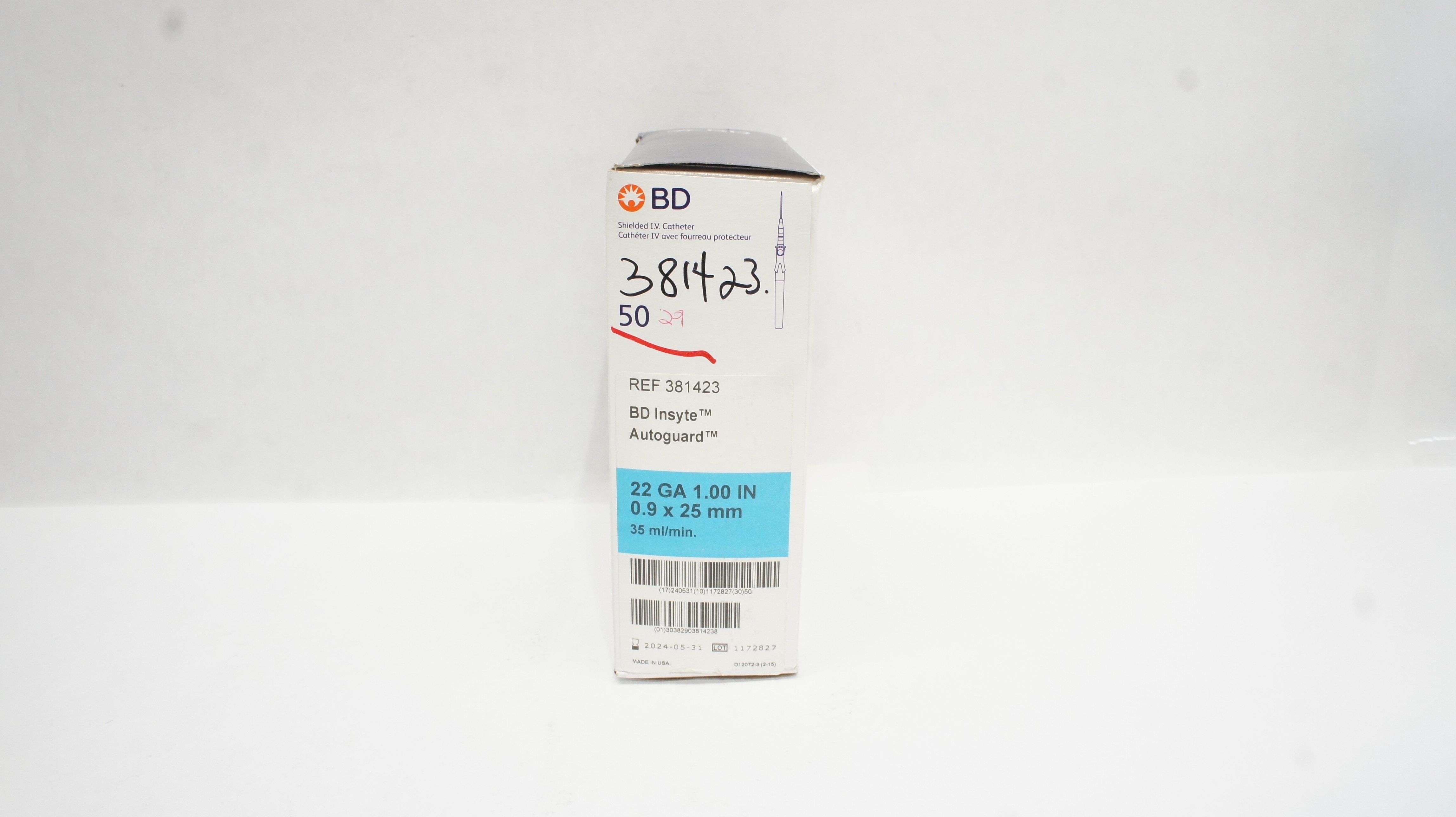 BD 381423 Insyte Autoguard Shielded I.V. Cath. 22Ga x 1.00 inch - Box of 28