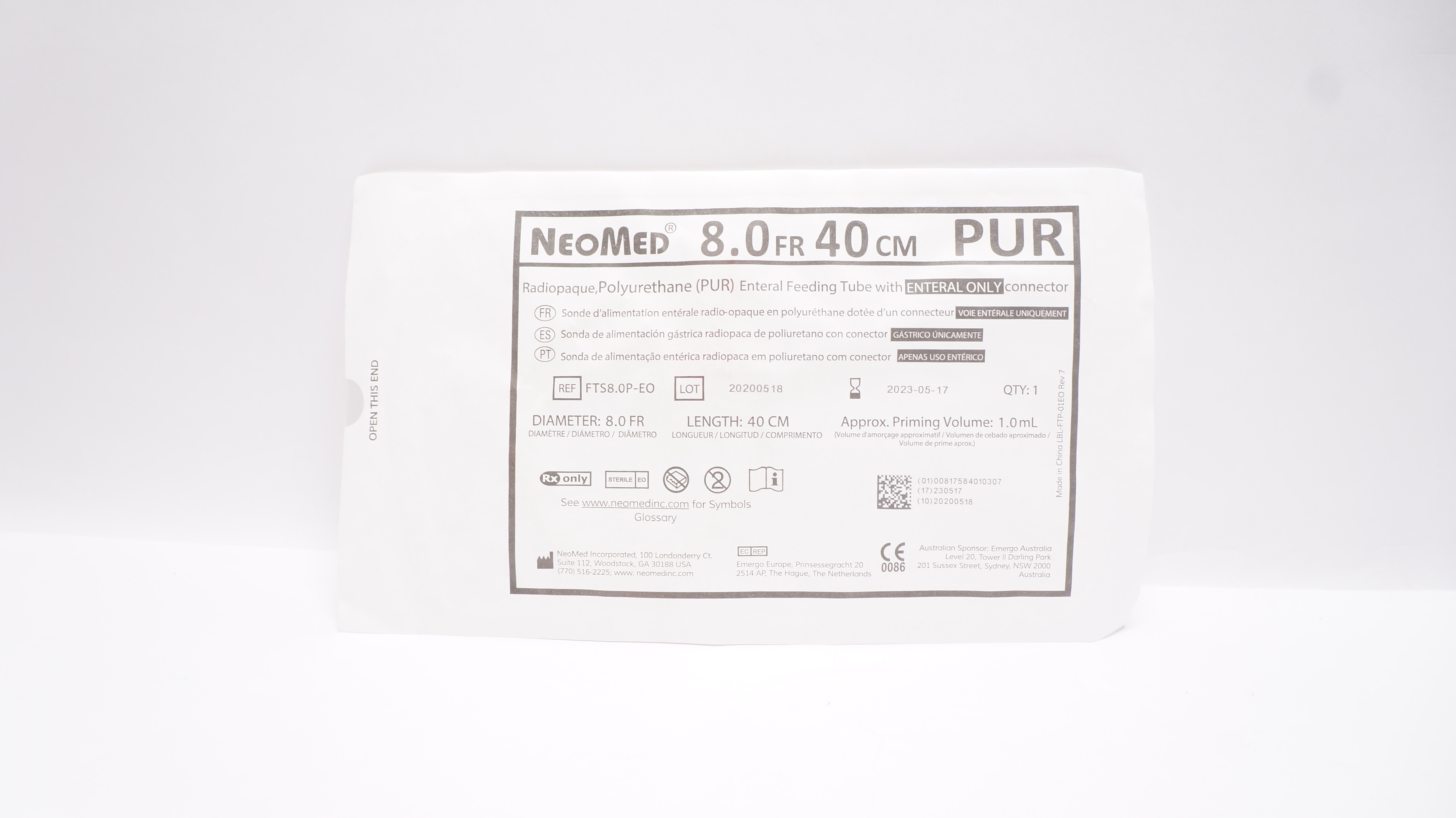 NeoMedFTS8.0P-EO Polyurethane Enteral Feeding Tube w/Connector 8.0Fr x 40cm (x)