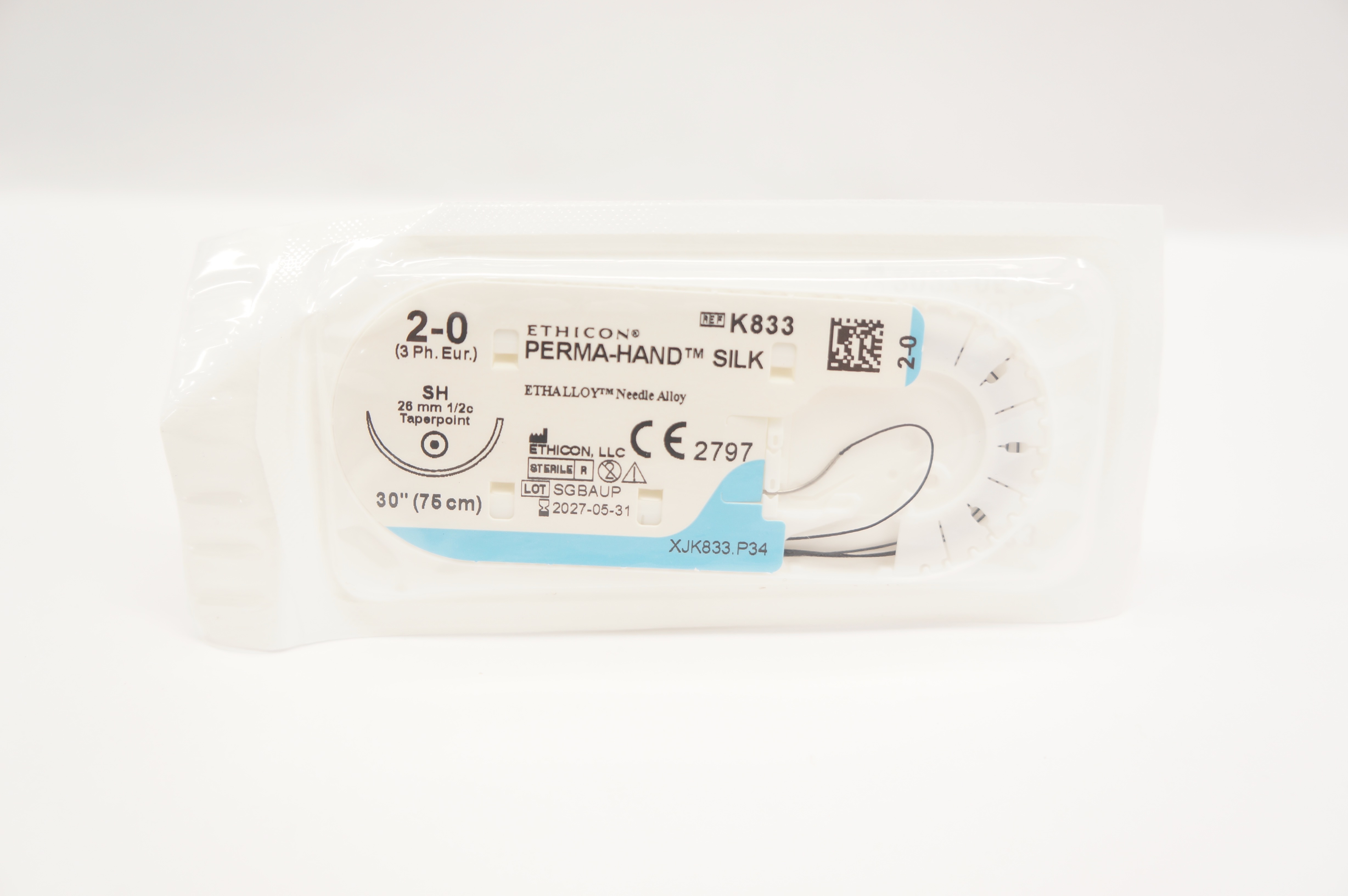 Ethicon K833 2-0 PERMA-HAND SILK Stre SH 26mm 1/2c Taperpoint, 30inch