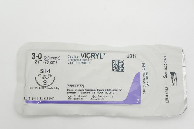 Ethicon J311 3-0 Coated Vicryl Polyglactin Stre SH-1 22mm 1/2c Taper, 27inch (x)