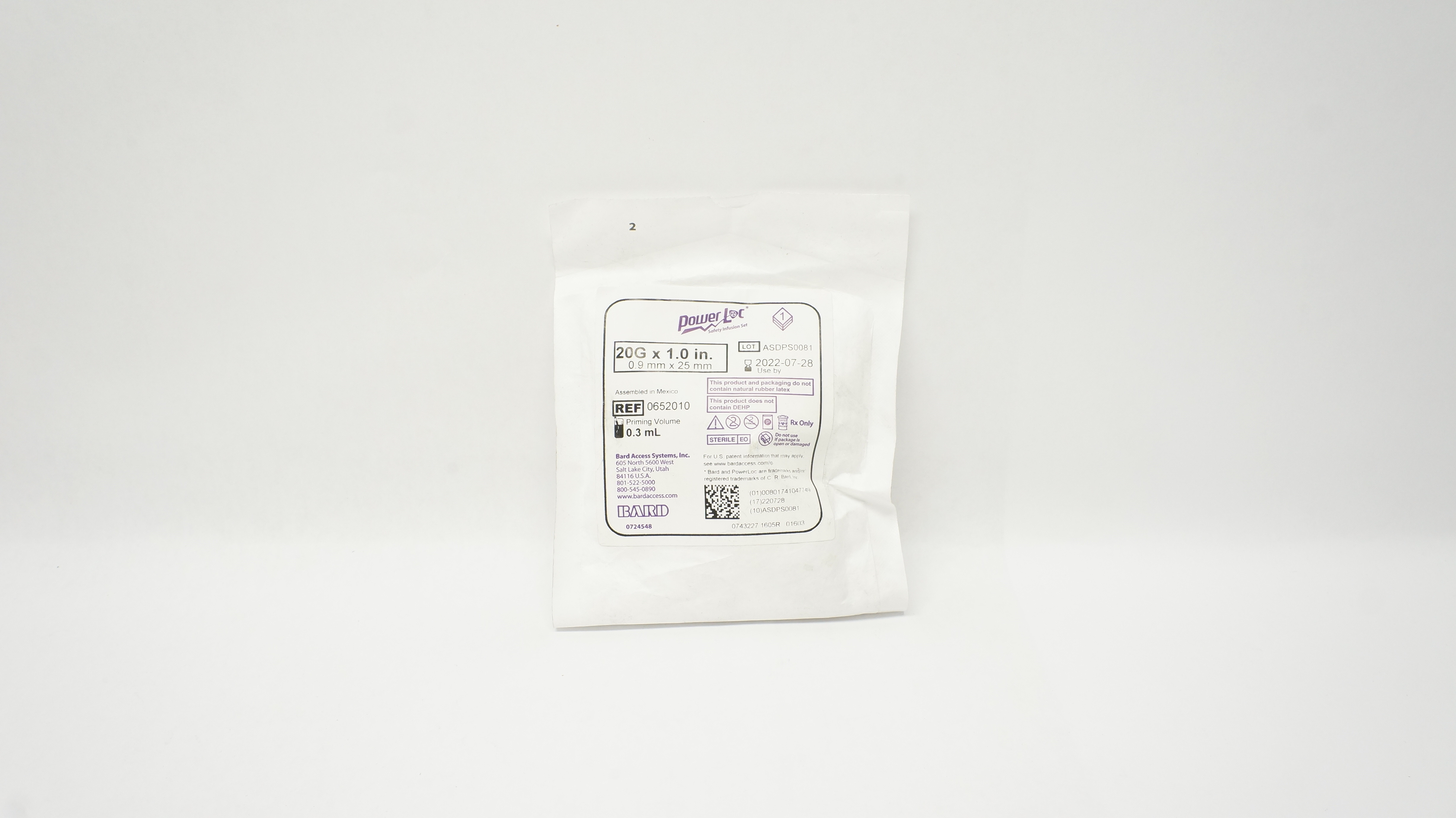 Bard 0652010 Power Loc Safety Infusion Set 20G x 1.0 inch, Priming Volume 0.3mL