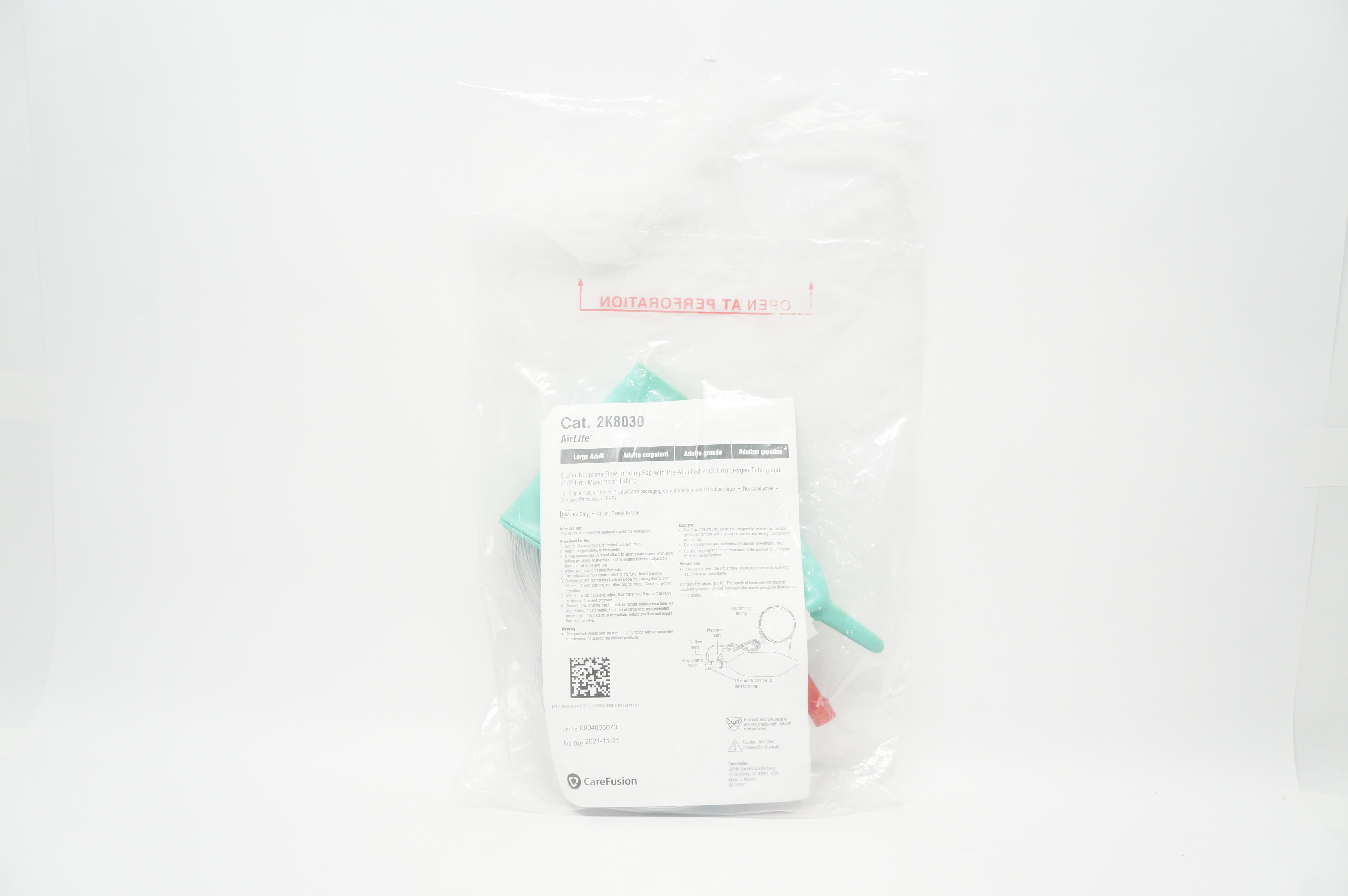 Carefusion 2K8030 AirLife 3 Liter Neoprene Flow-Inflating Bag w/Tubing 7ft. (x)