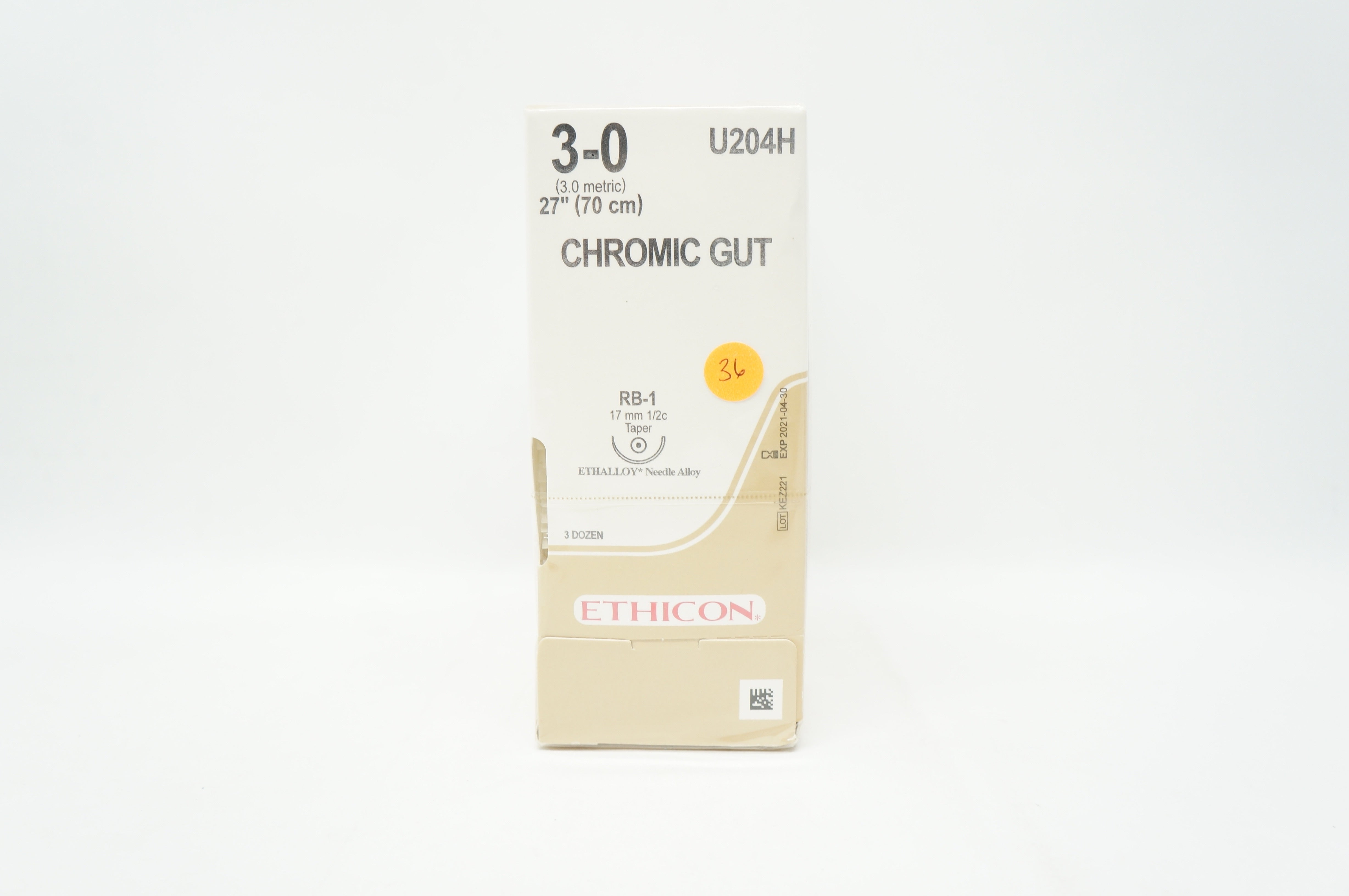 Ethicon U204H 3-0 Chromic Gut Nylon Stre RB-1 17mm 1/2c Taper (x) - Box of 36