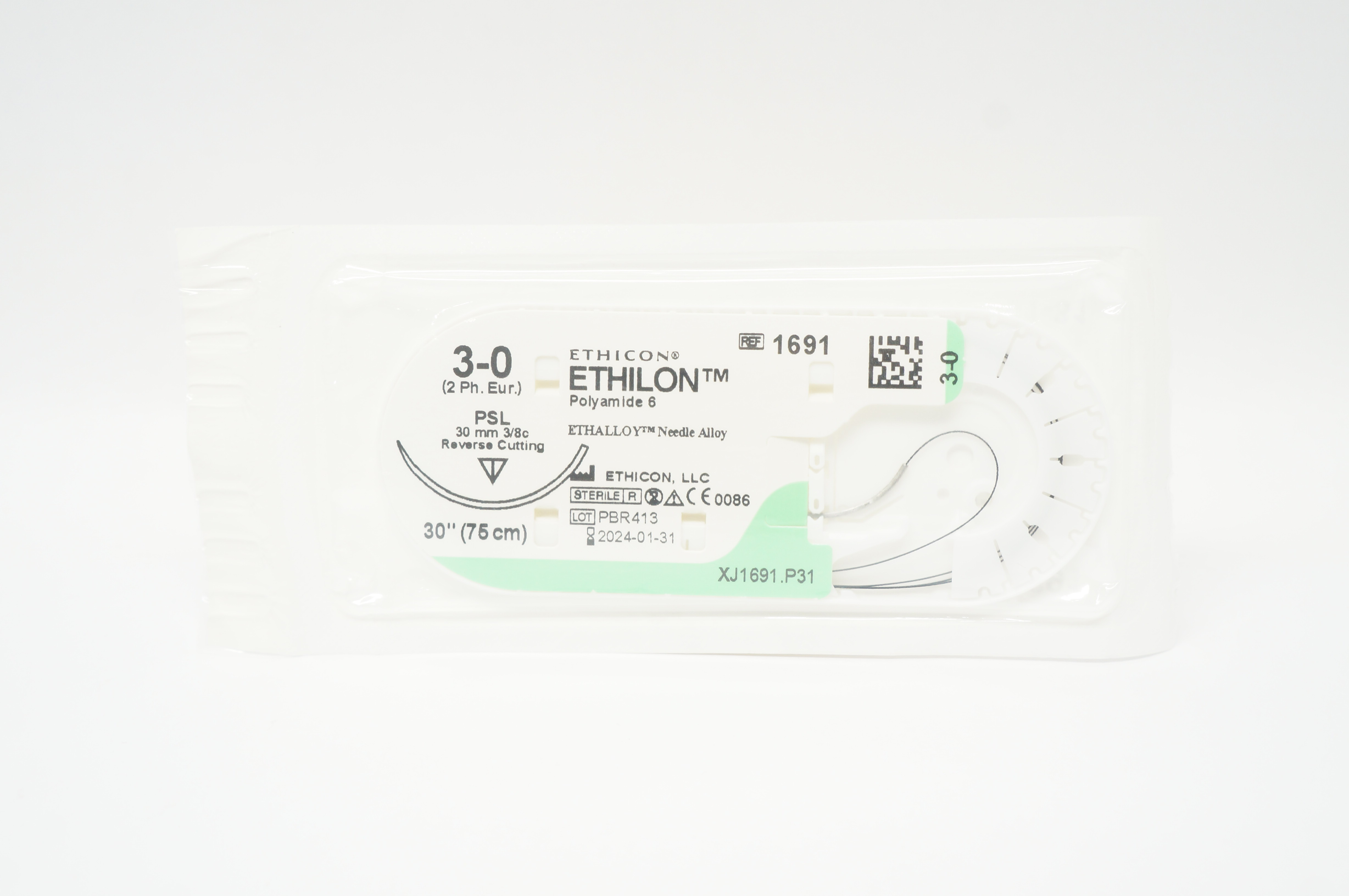 Ethicon 1691 3-0 ETHILON Polyamide 6 Stre PSL, 30mm 3/8c Reverse Cutting, 30inch