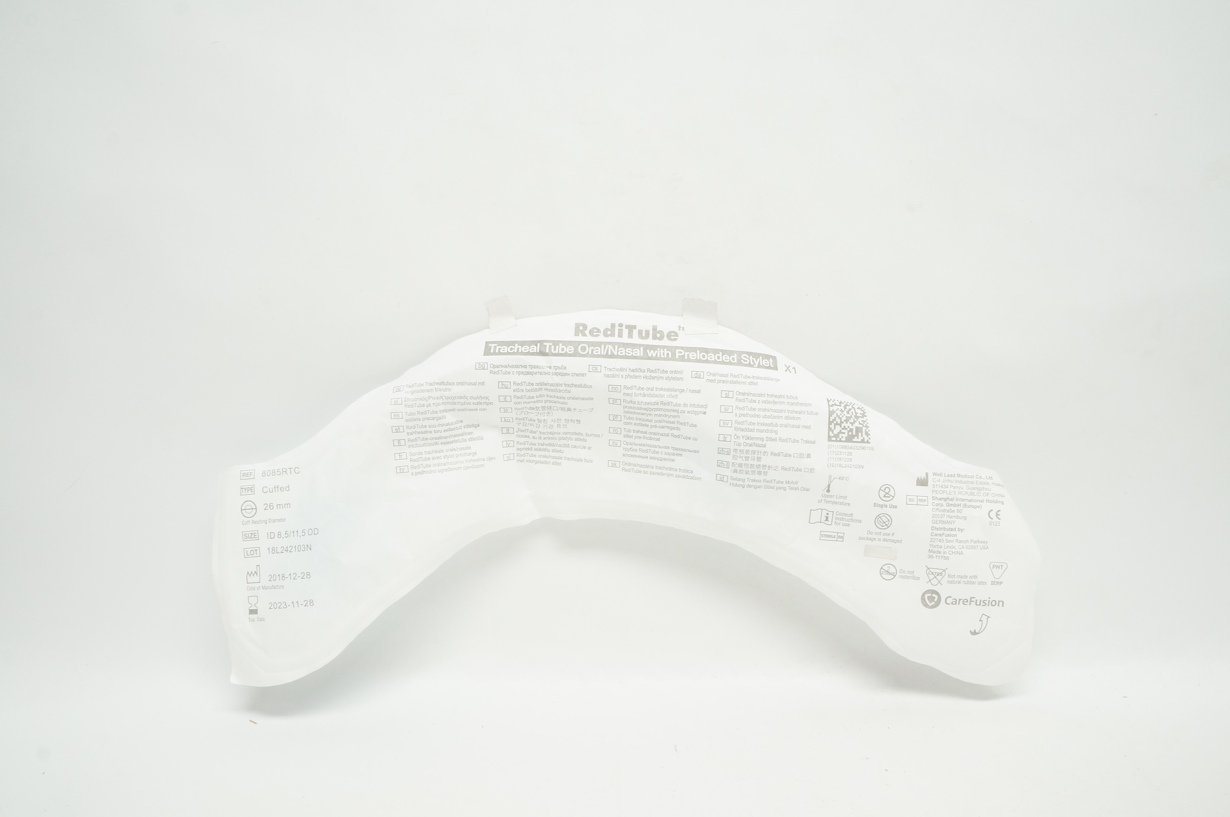 CareFusion 8085RTC RediTube Tracheal Tube Oral/Nasal Cuffed 8.5mm ID x 11.5mm OD