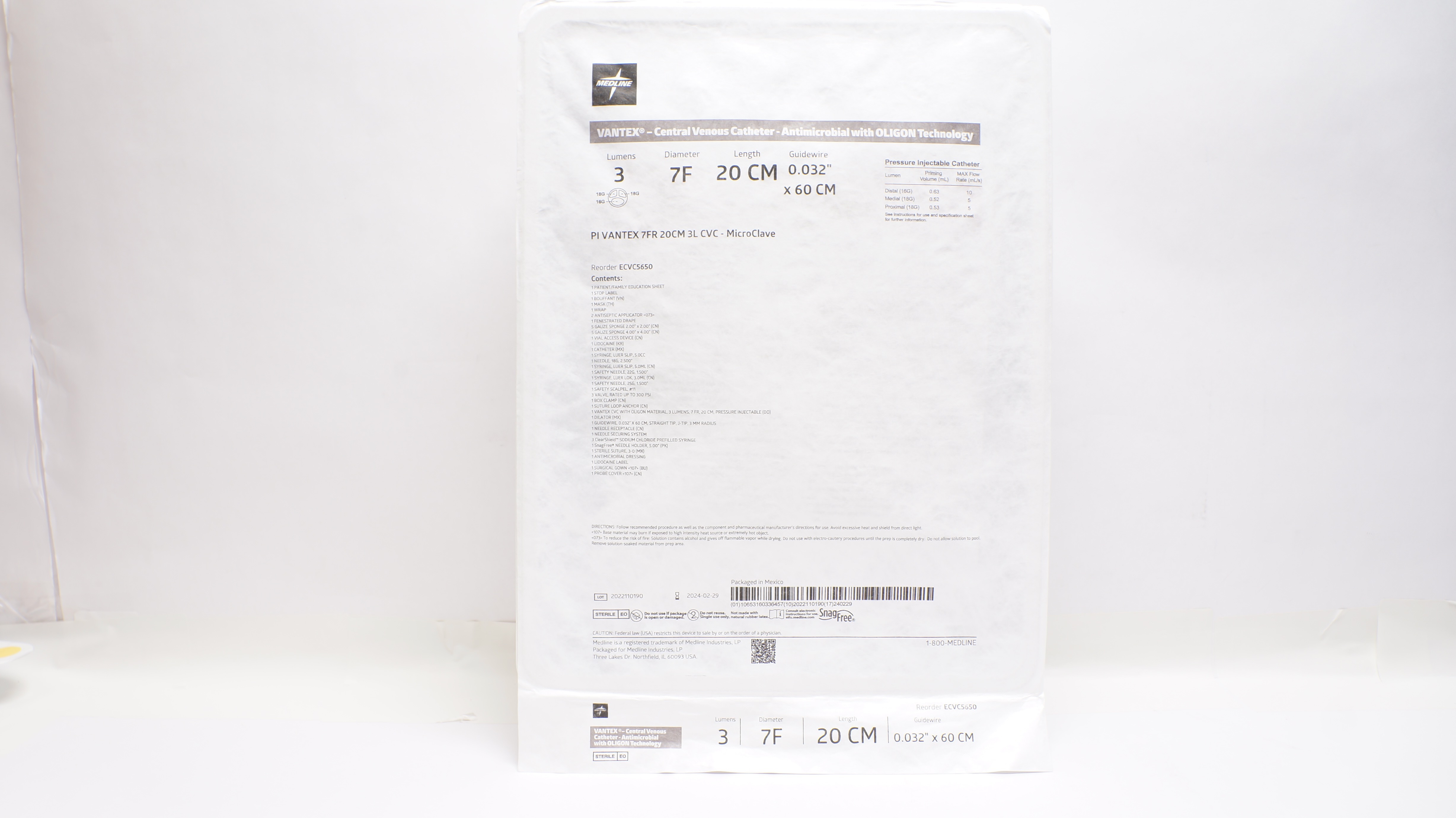 Medline ECVC5650 Vantex Central Venous Cath. 7F x 20cm x 0.032inch x 60cm
