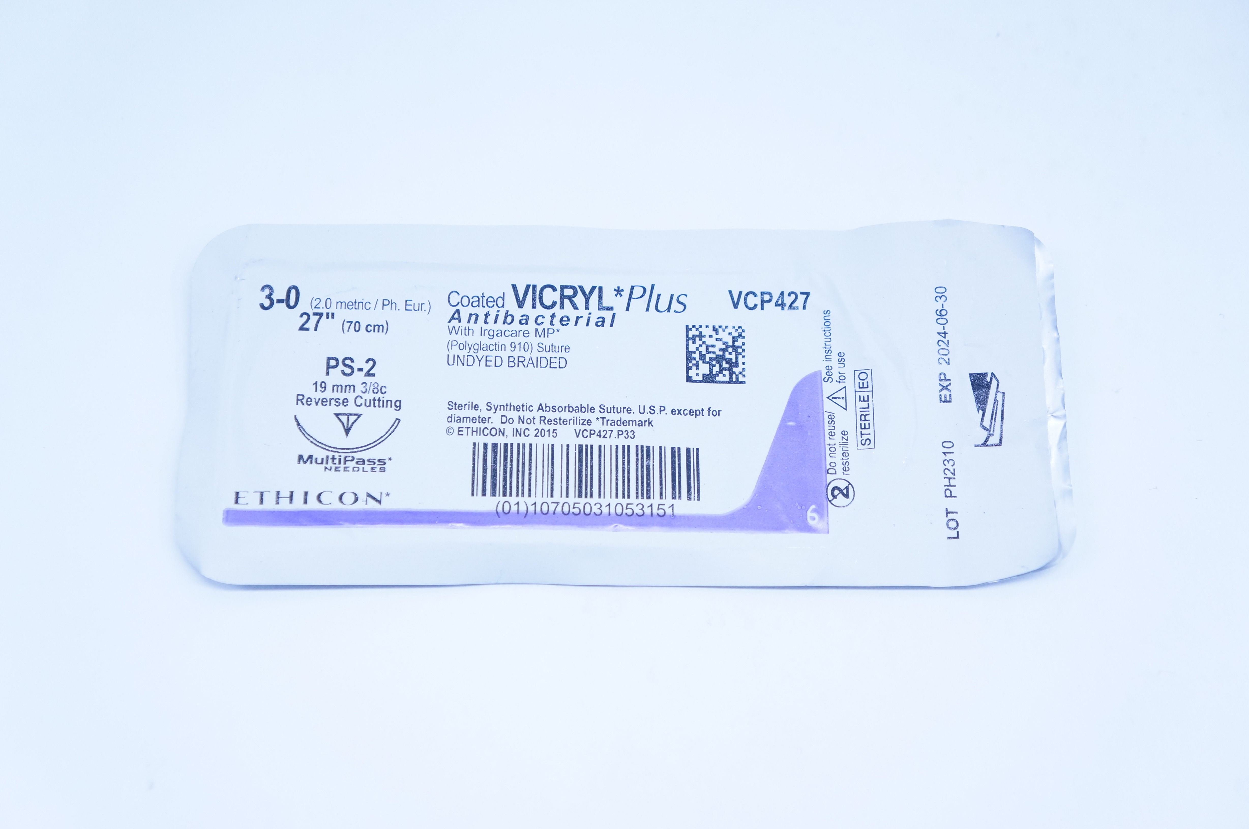 Ethicon VCP427 3-0 Coated Vicryl Plus Stre PS-2 19mm 3/8c Reverse Cutting 27inch