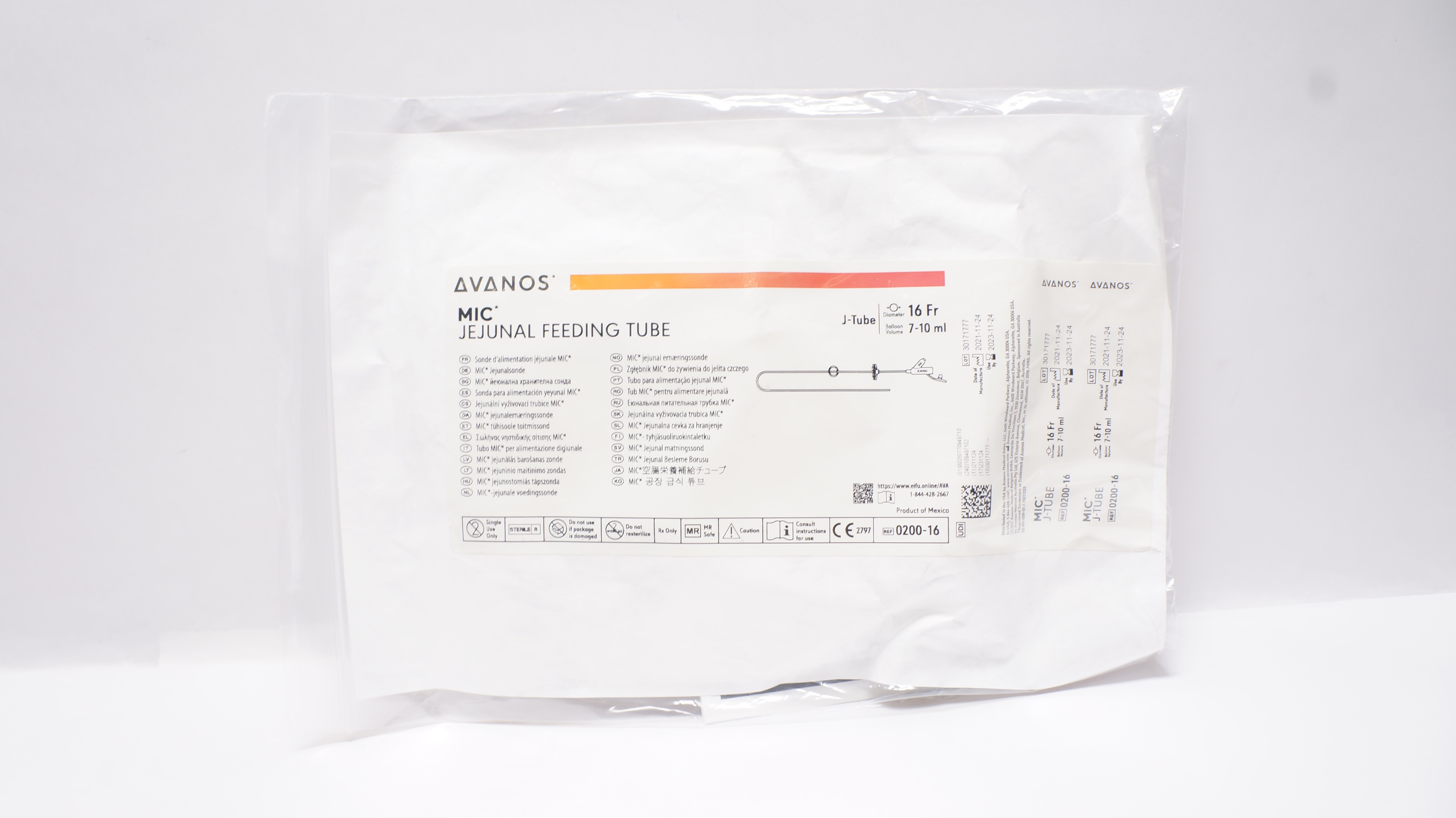 Avanos 0200-16 MIC Jejunal Feeding Tube J-Tube 16Fr x 7-10 ml (x)
