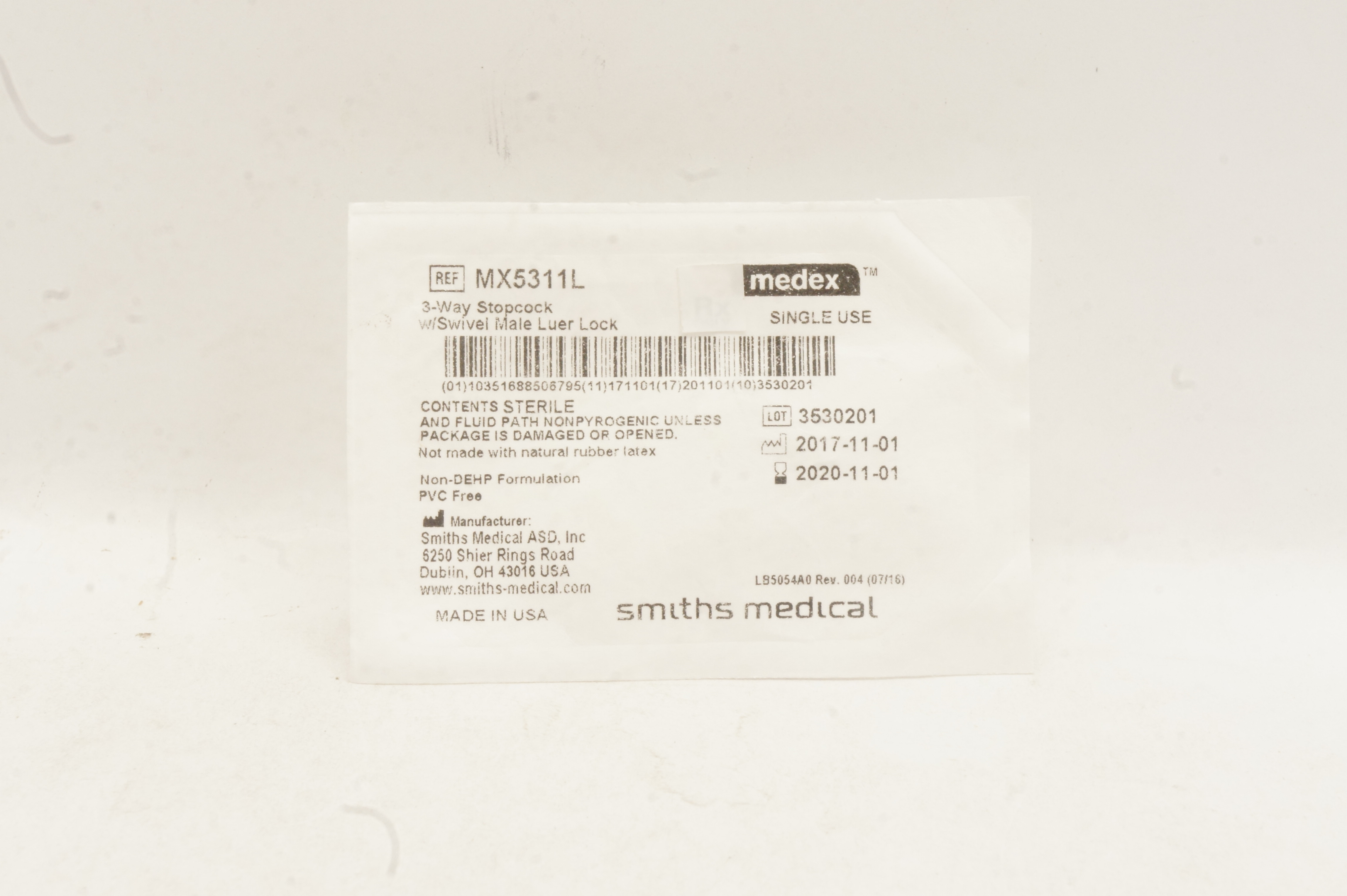 Smiths Medical MX5311L Medex 3-Way Stopcock w/Swivel Male Luer Lock (x)