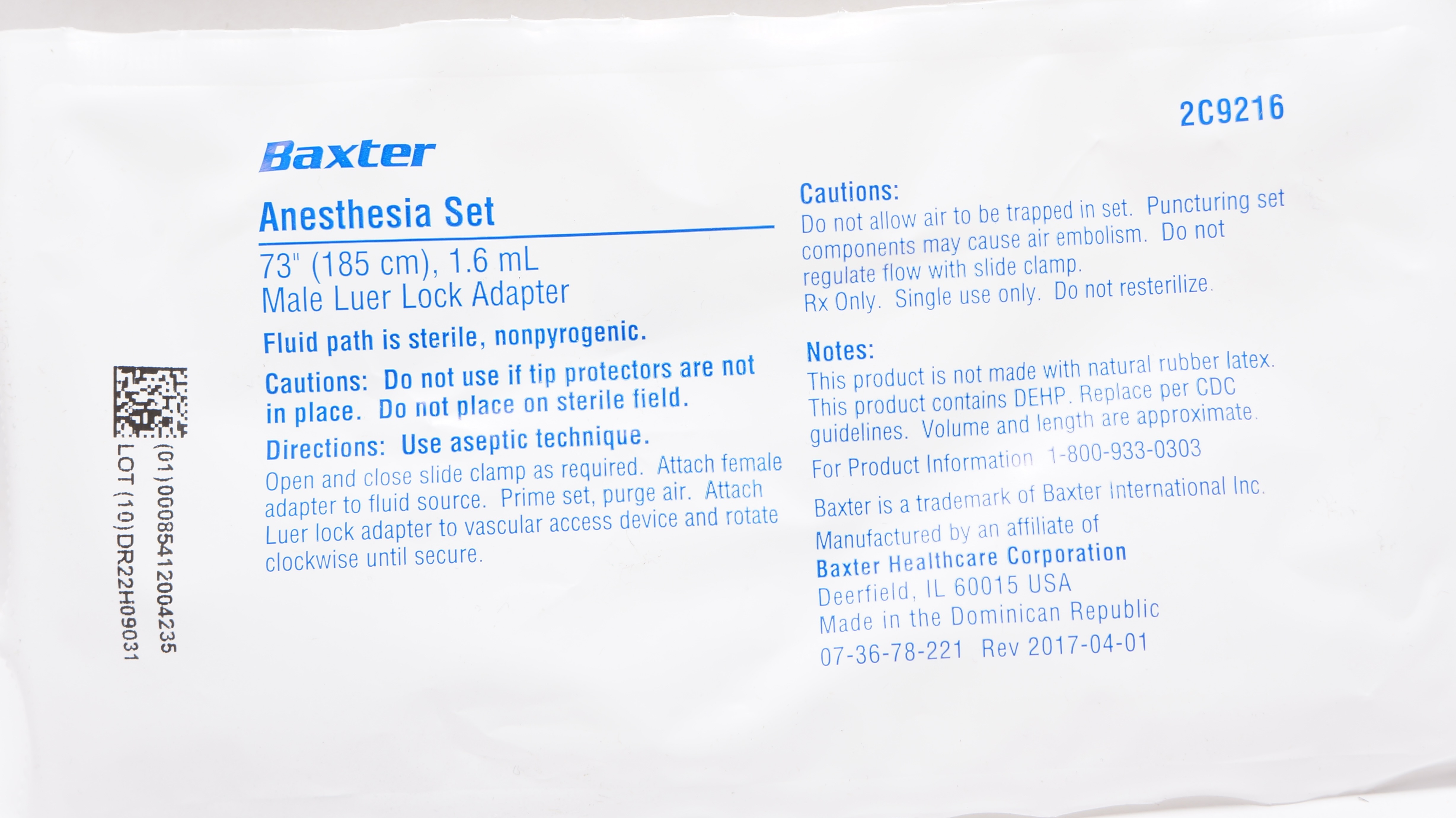 Baxter 2C9216 Anesthesia Set, Male Luer Lock Adapter, 73 inch x 1.6mL