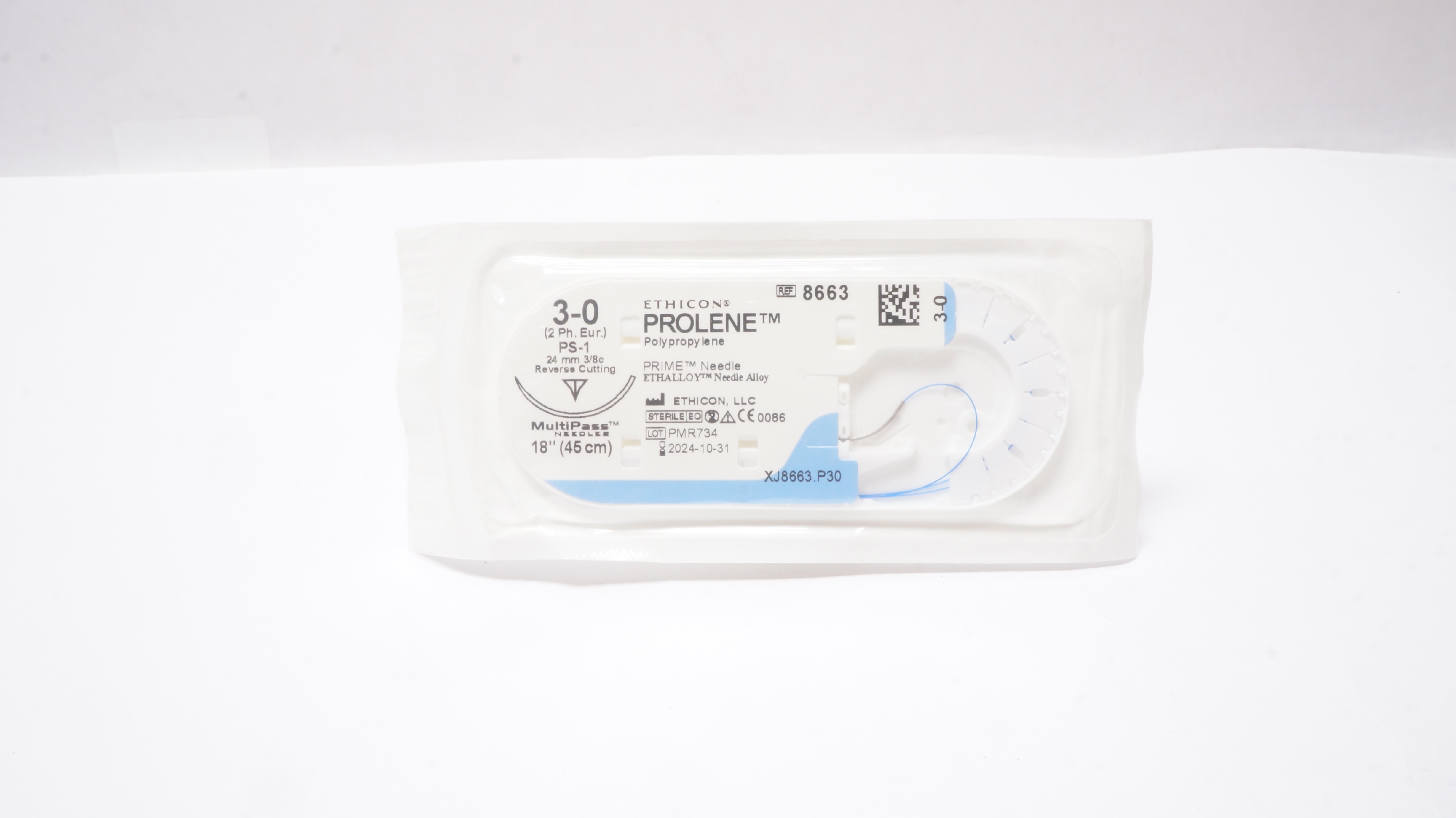 Ethicon 8663 3-0 Prolene Stre PS-1 24mm 3/8c Reverse Cutting, 18 inch