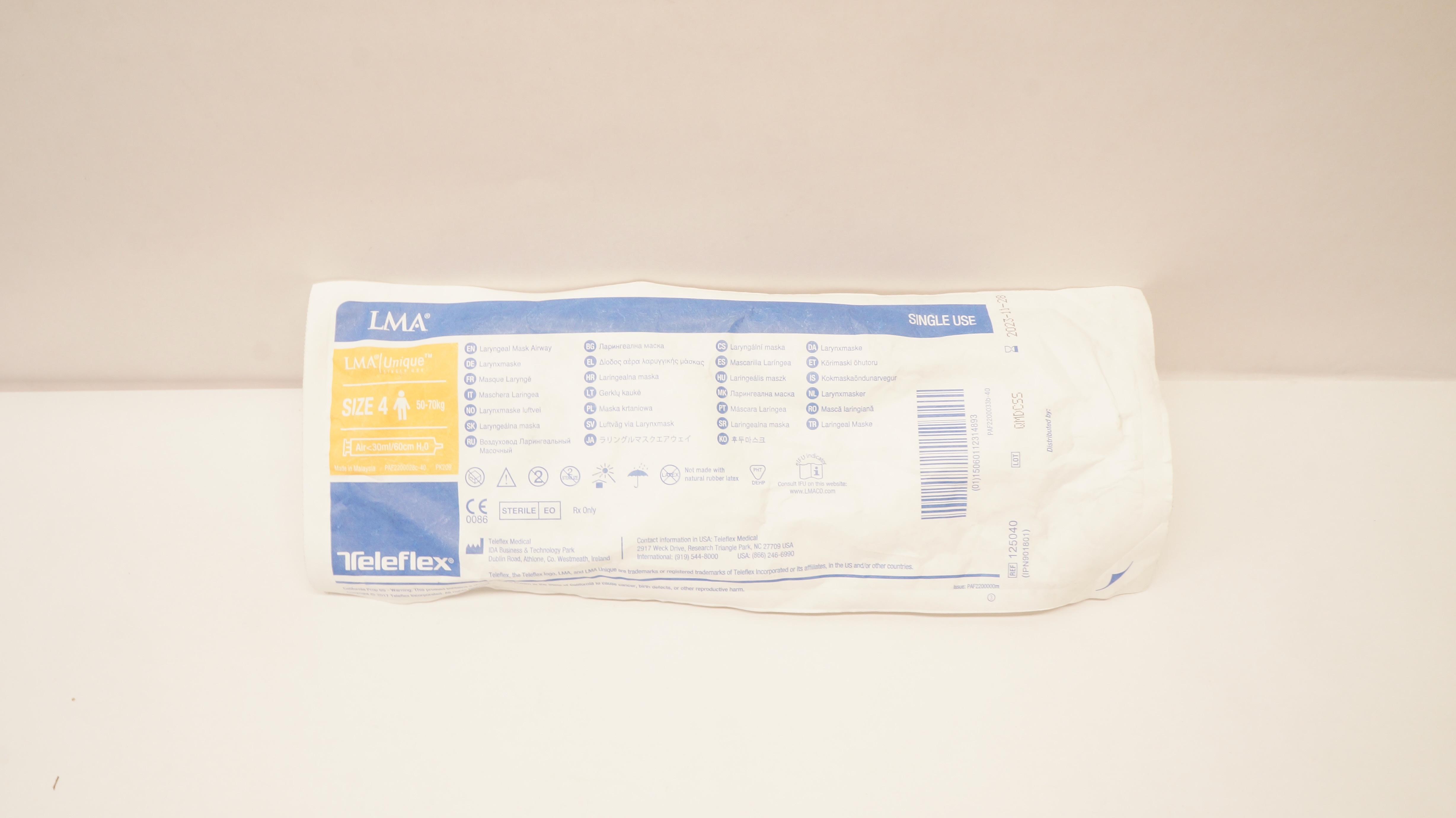 Teleflex 125040 LMA Laryngeal Mask Airway Size 4 50-70kg Air <30ml/60cm H2O (x)