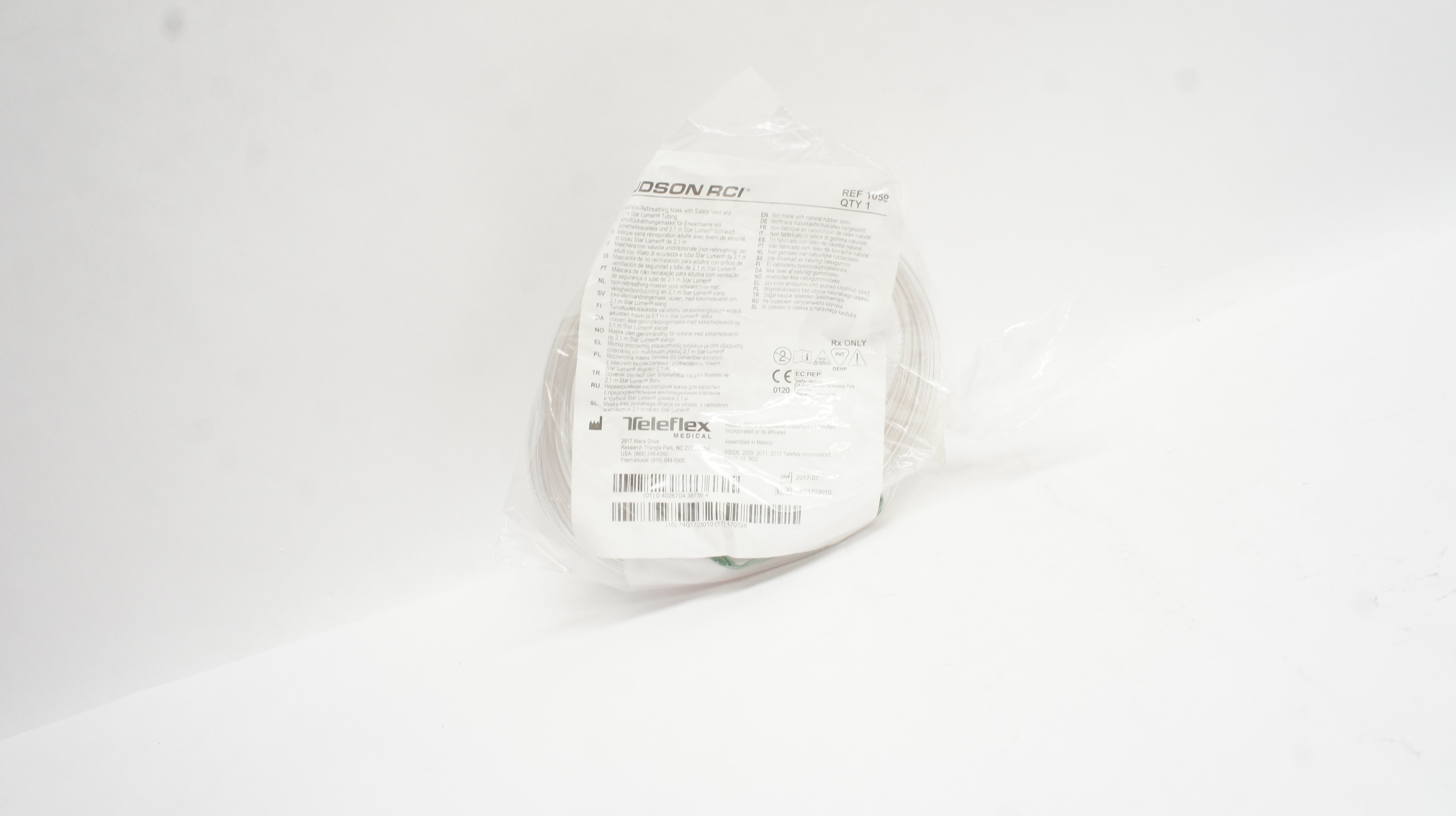 Teleflex 1059 Hudson RCI Adult Non-Rebreathing Mask w/Safety Vent & 7 ft. Tubing