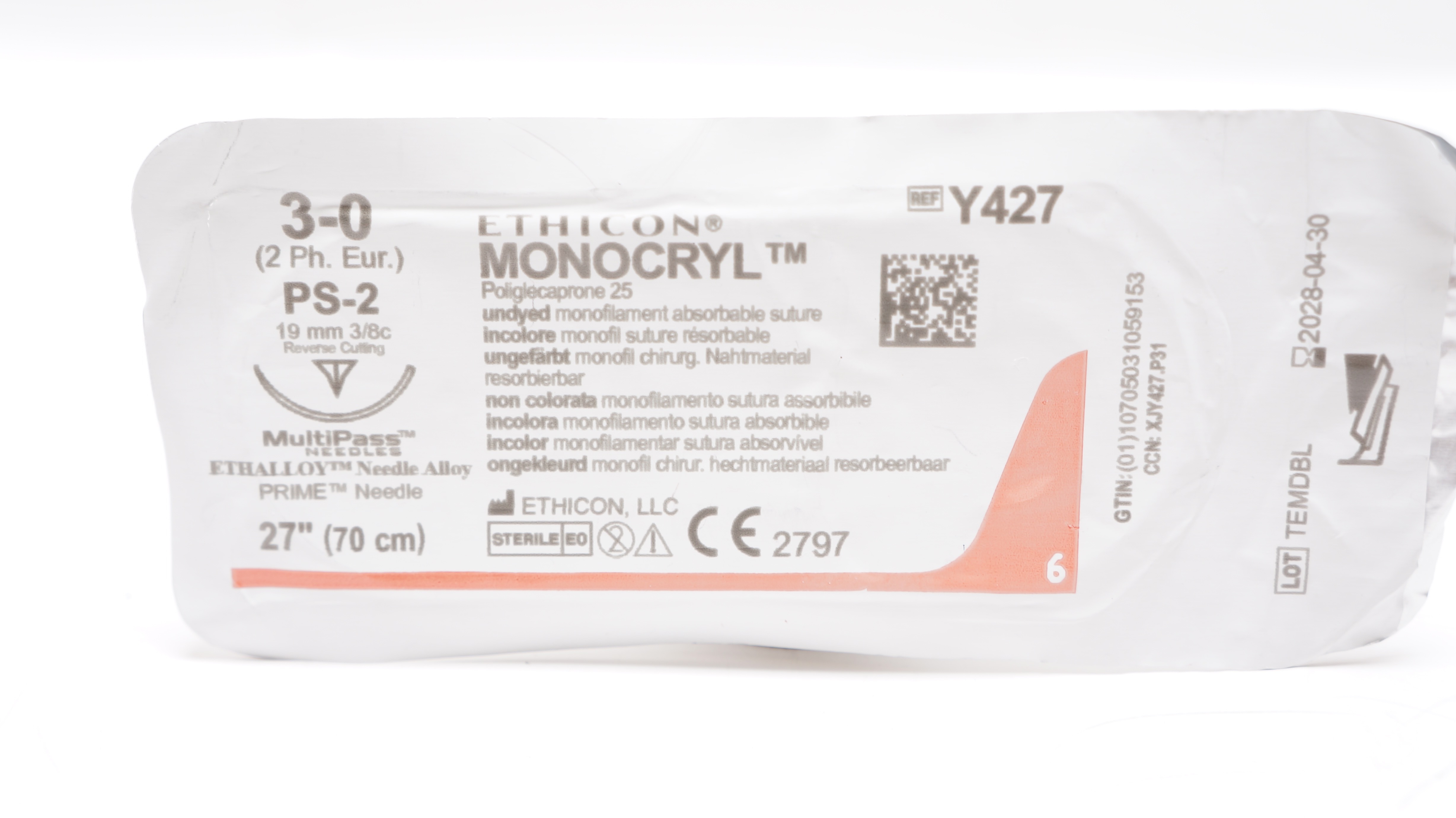 Ethicon Y427 3-0 MONOCRYL Undyed, PS-2, 19mm 3/8c Reverse Cutting, 27inch
