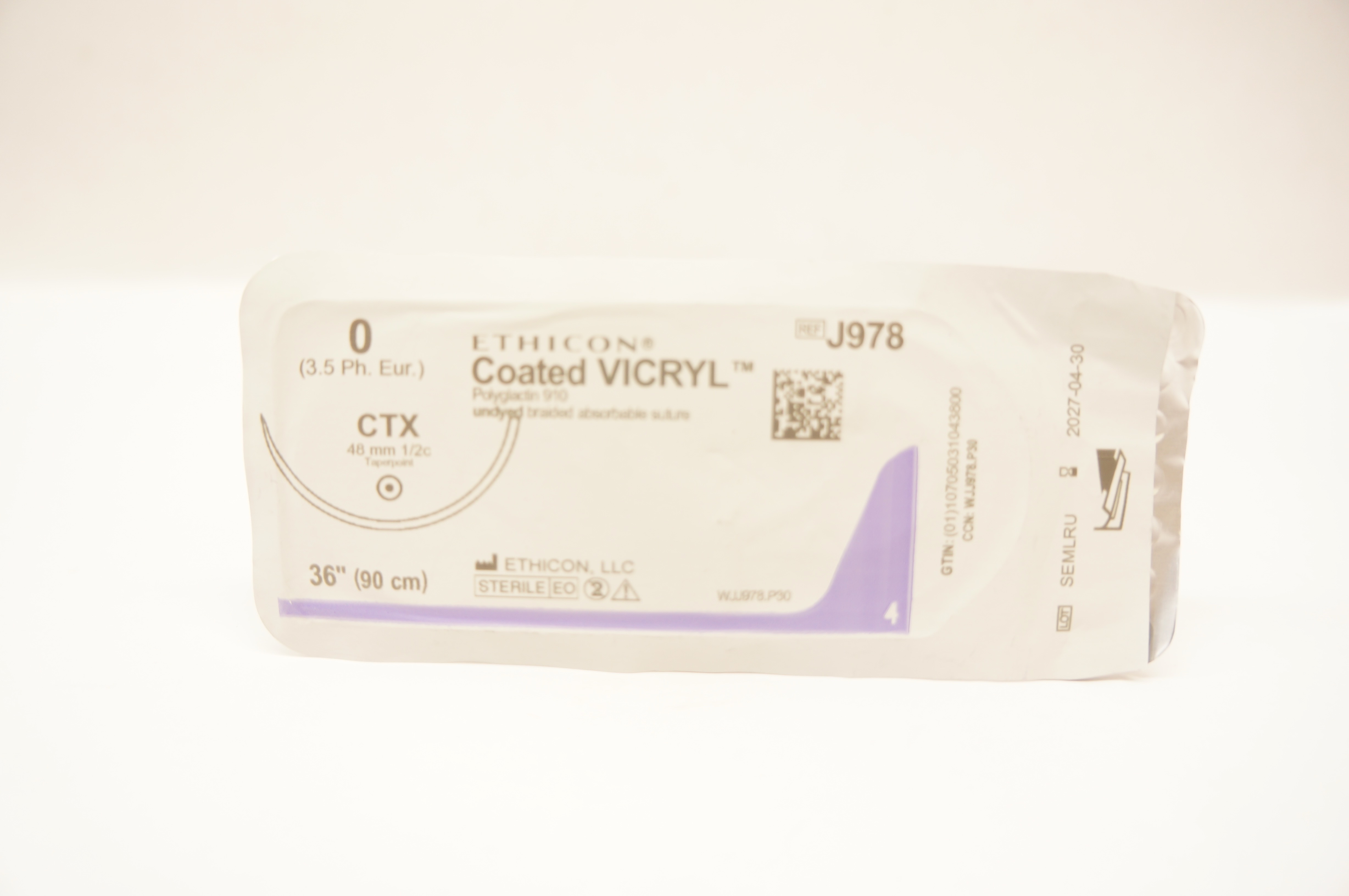 Ethicon J978 0 Coated VICRYL Polyglactin 910Stre CTX 48mm 1/2c Taperpoint 36inch