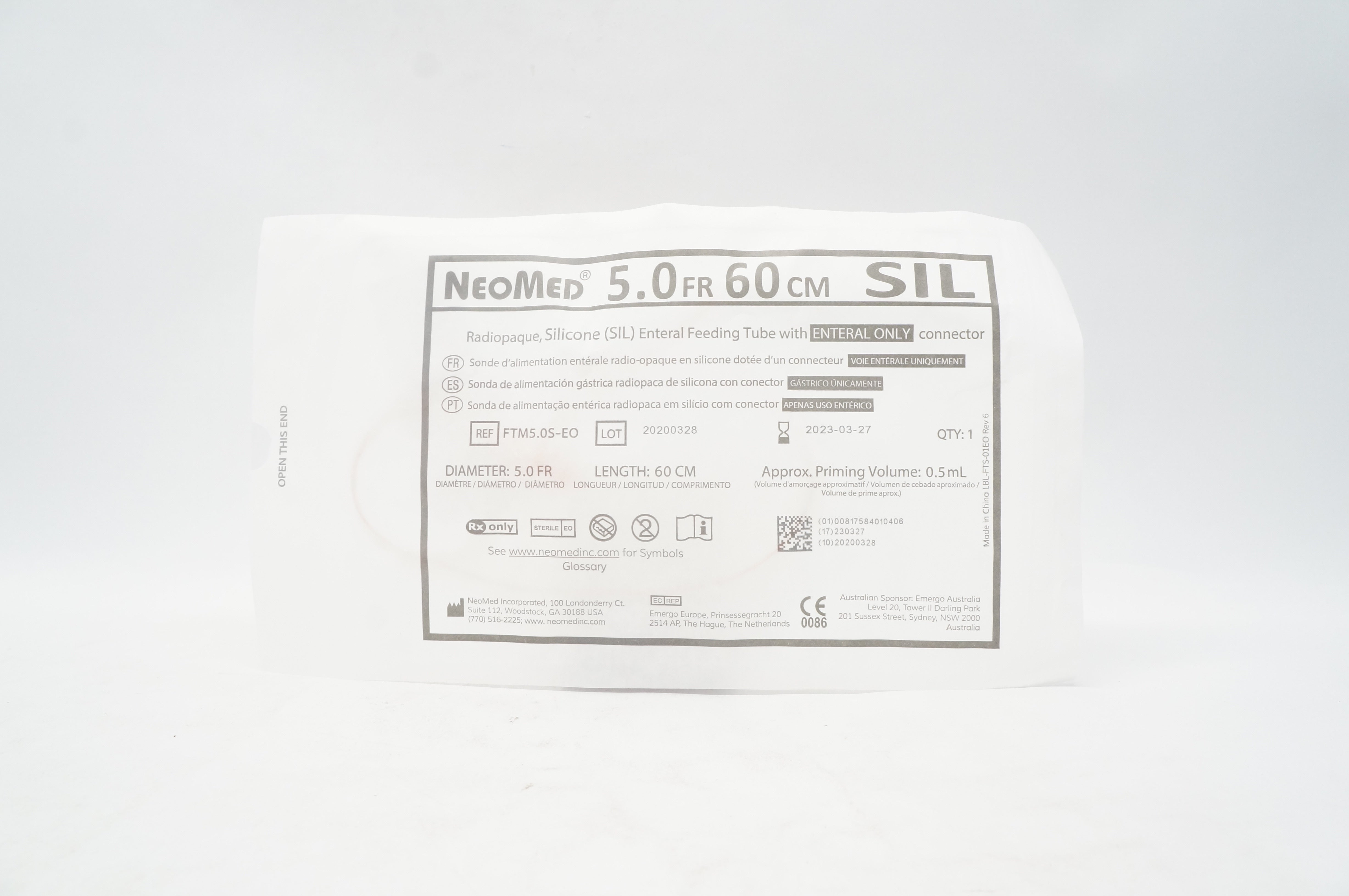 NeoMed FTM5.0S-EO Radiopaque, Silicone Enteral Feeding Tube 5.0Fr. x 60cm, 0.5mL