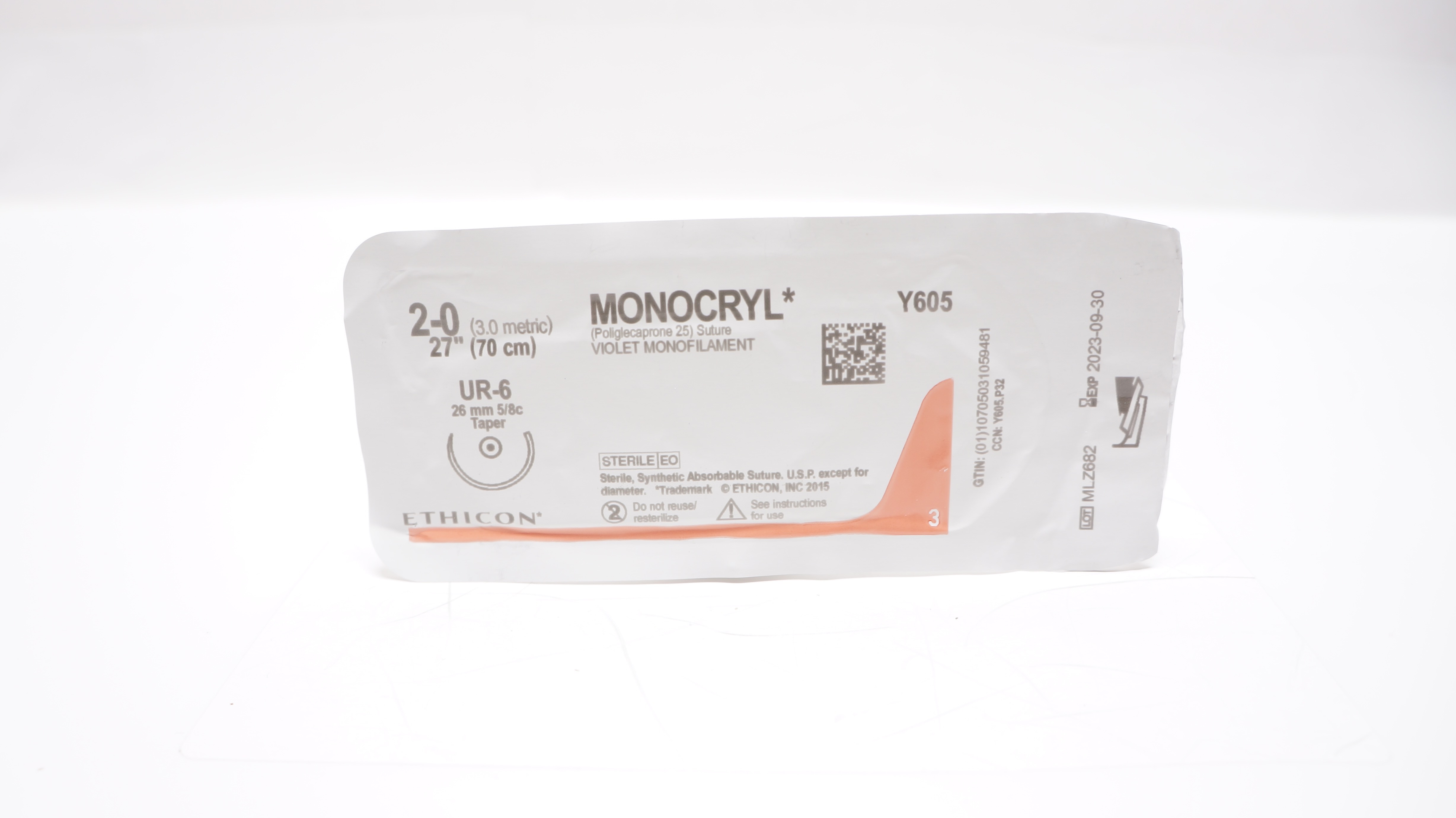 Ethicon Y605 2-0 MONOCRYL Violet Monofilament, UR-6, 26mm 5/8c Taper, 27inch (x)