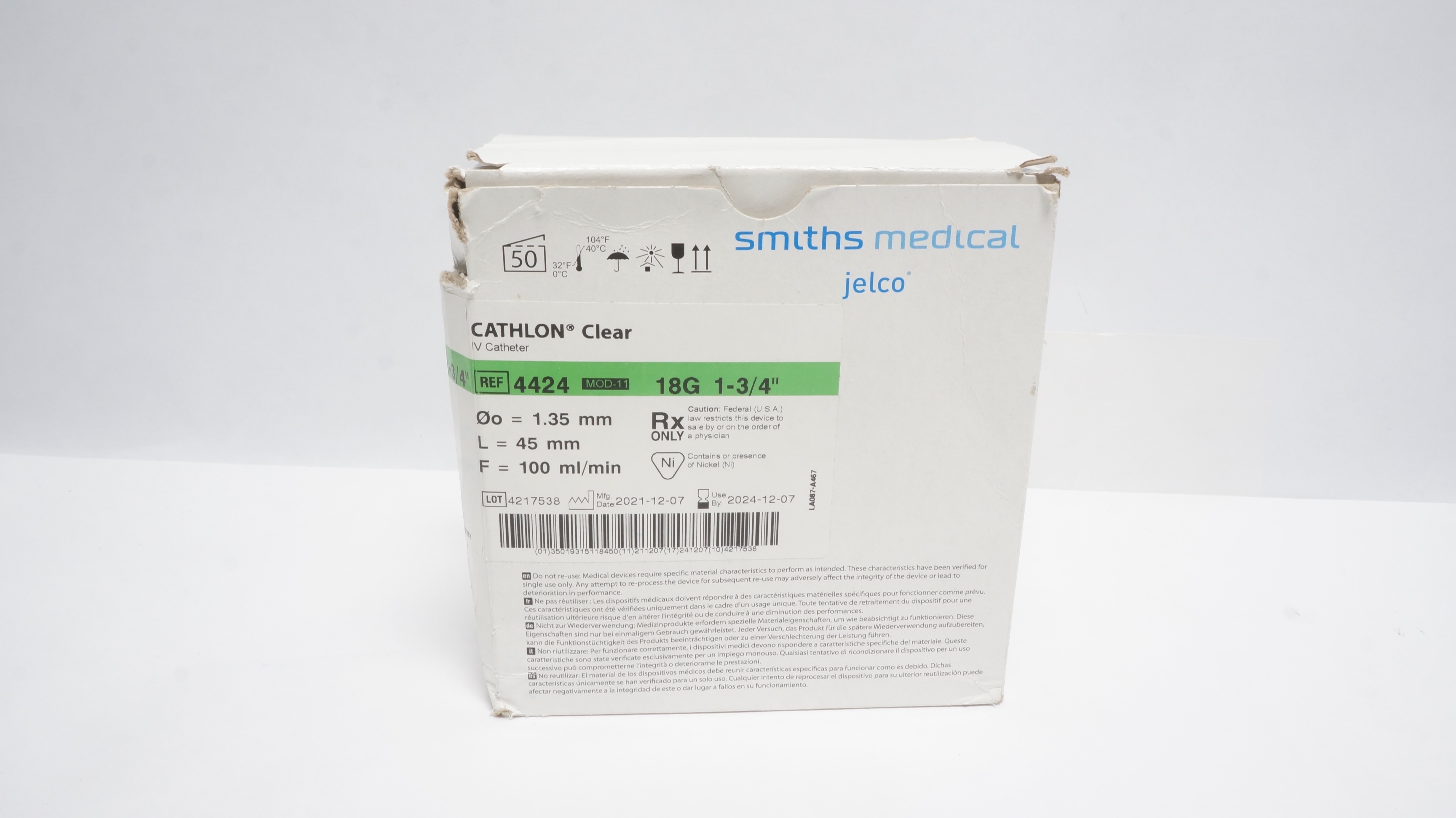 Smiths Medical 4424 Cathlon Clear IV Cath. 18G x 1-3/4inch 100ml/min - Box of 40