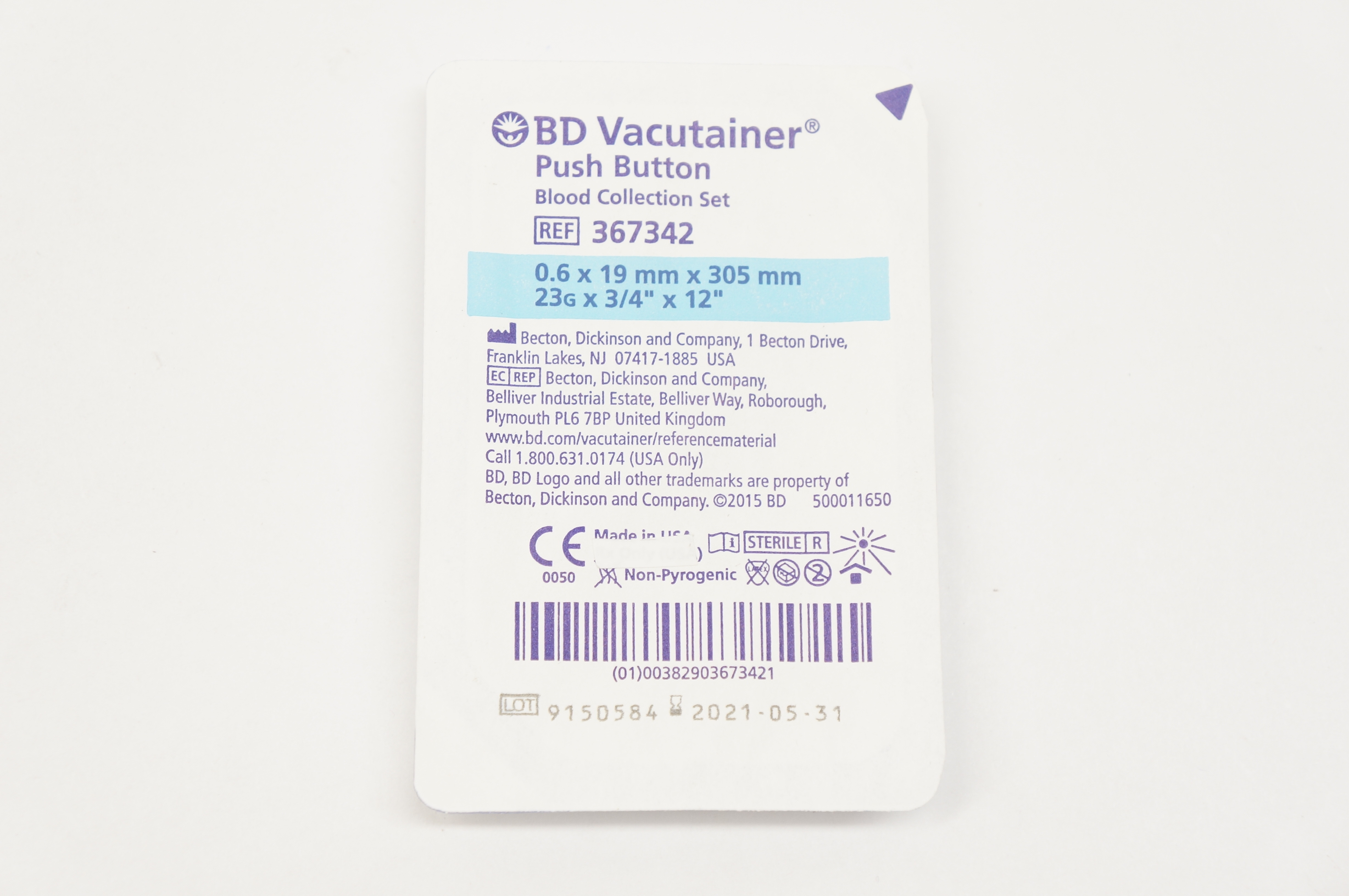 BD 367342 Vacutainer Push Button Blood Collection Set 23G x 3/4inch x 12inch