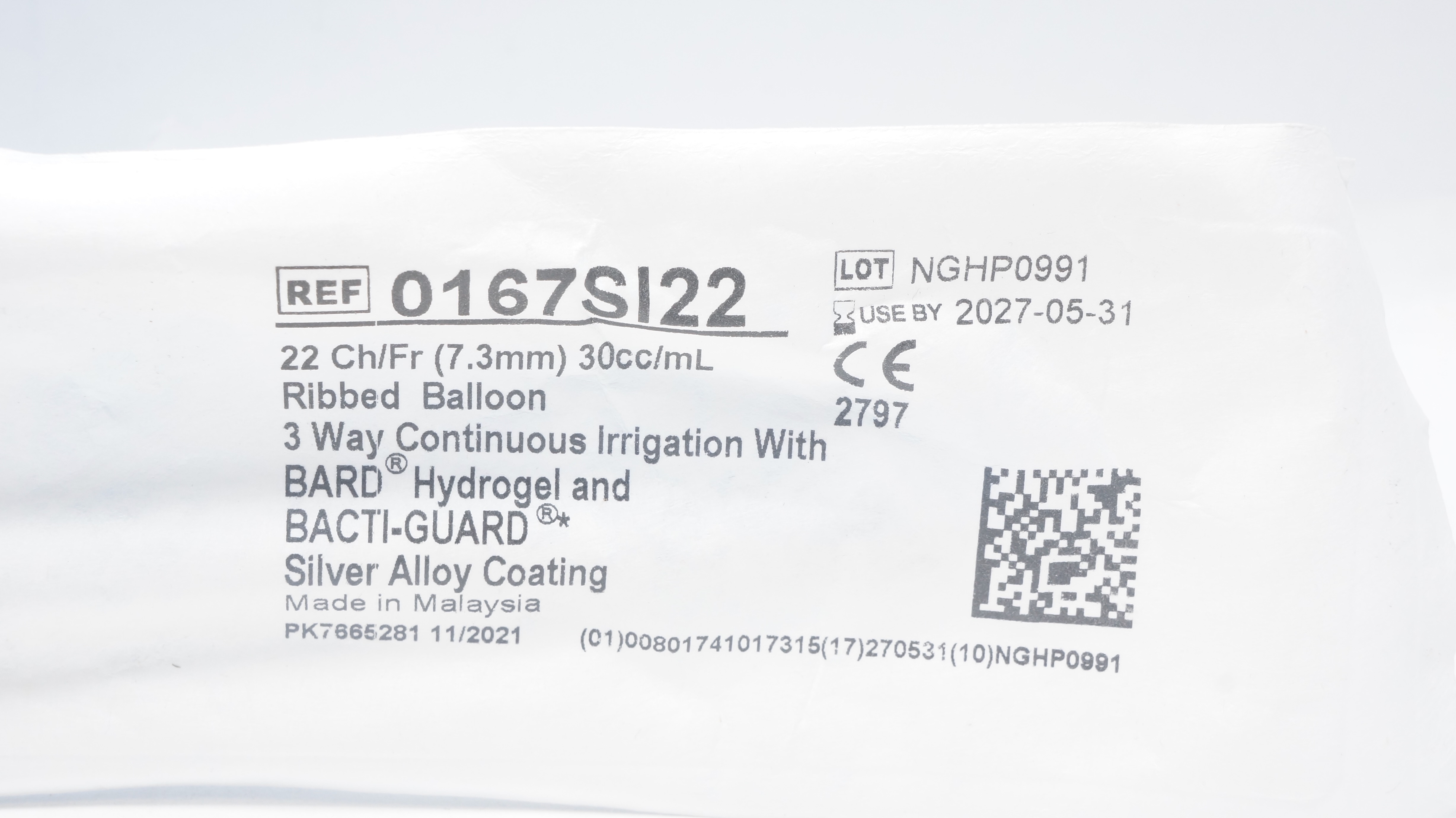 Bard 0167SI22 Bardex Anti-Infective Foley Cath. 22Ch/Fr 30cc/mL Ribbed Balloon