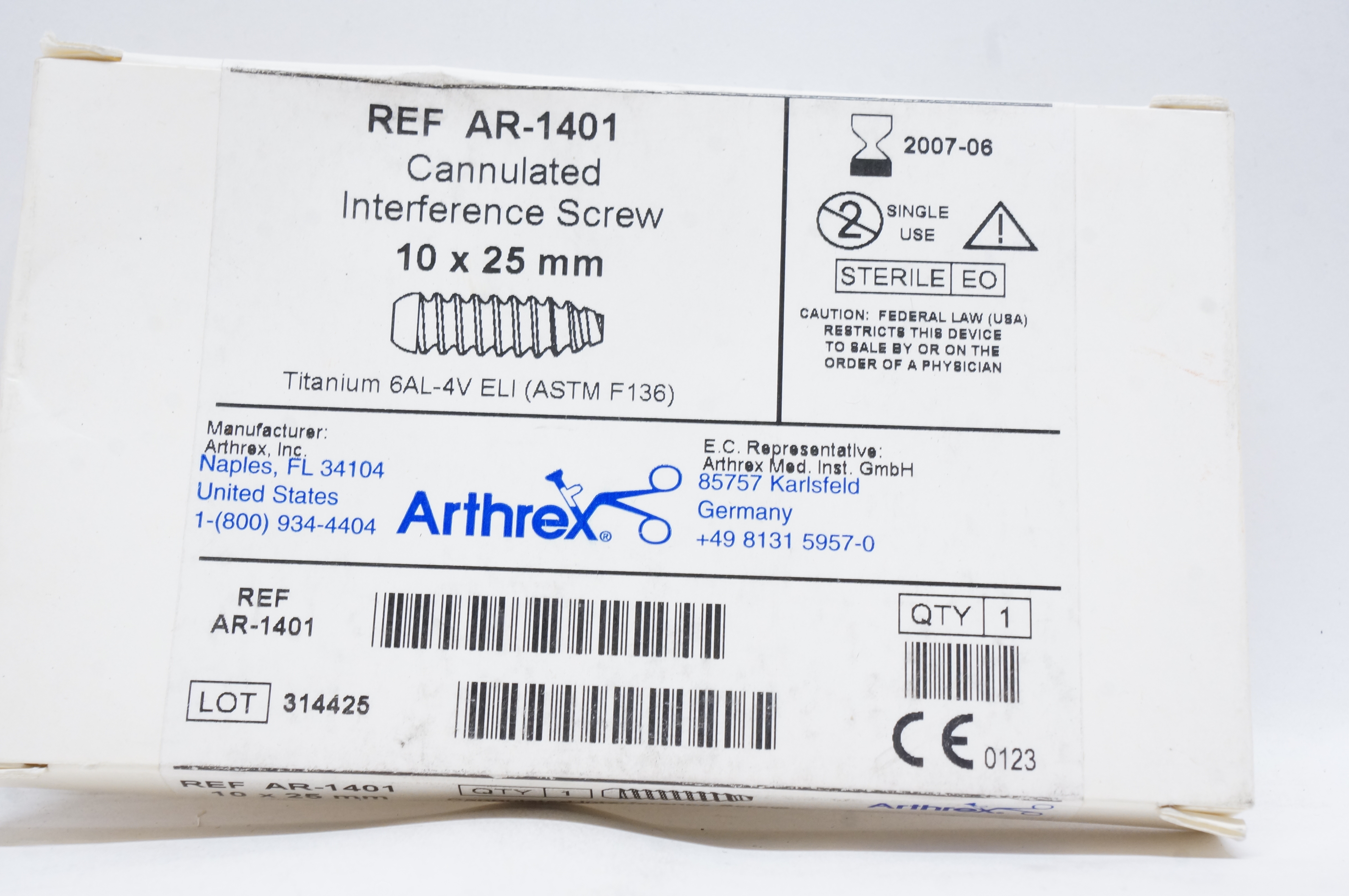 Arthrex AR-1401 Cannulated Interference Screw 10 x 25mm (x)