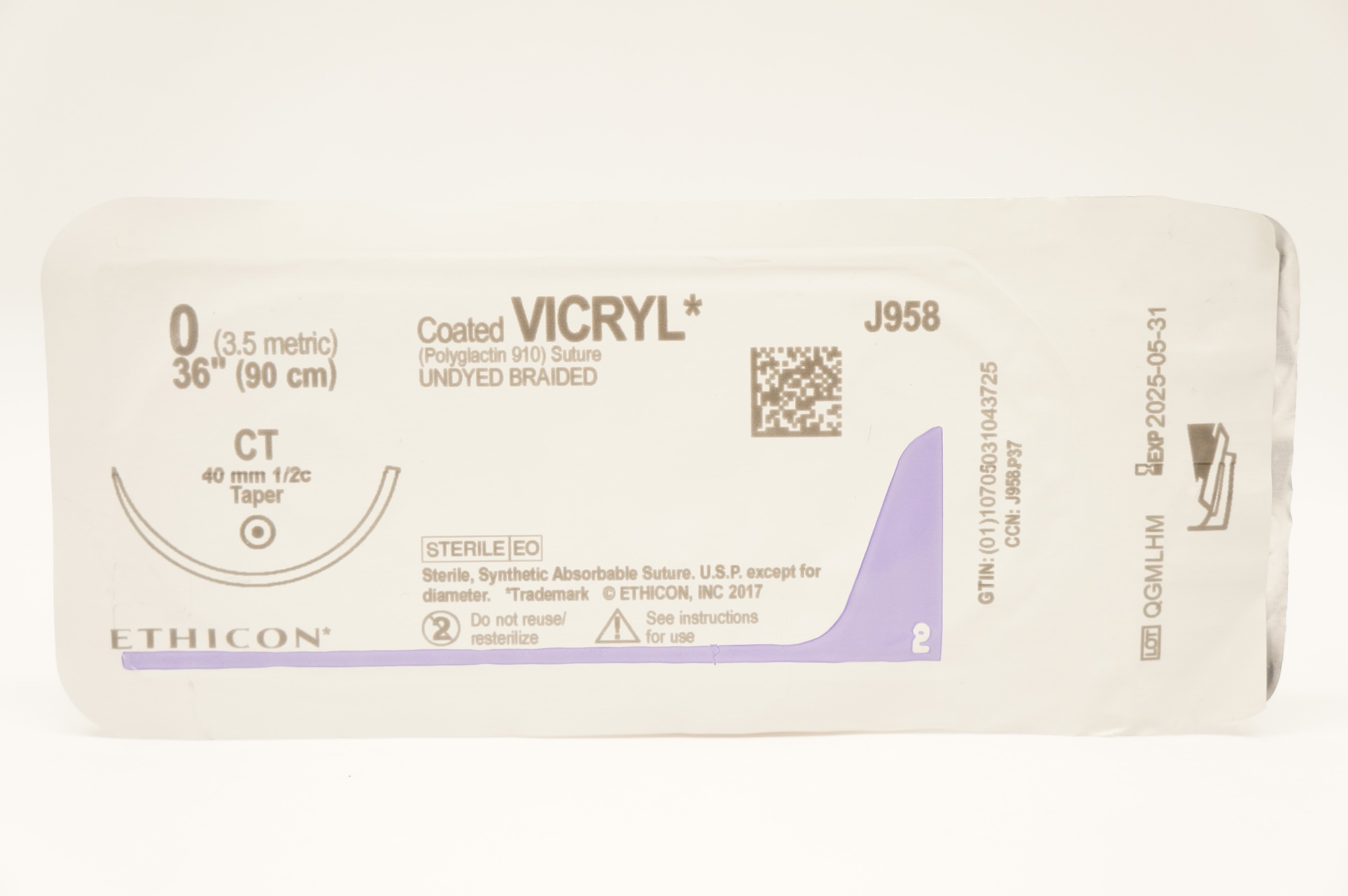 Ethicon J958 0 Coated VICRYL Polyglactin Stre CT 40mm 1/2c Taper, 36inch