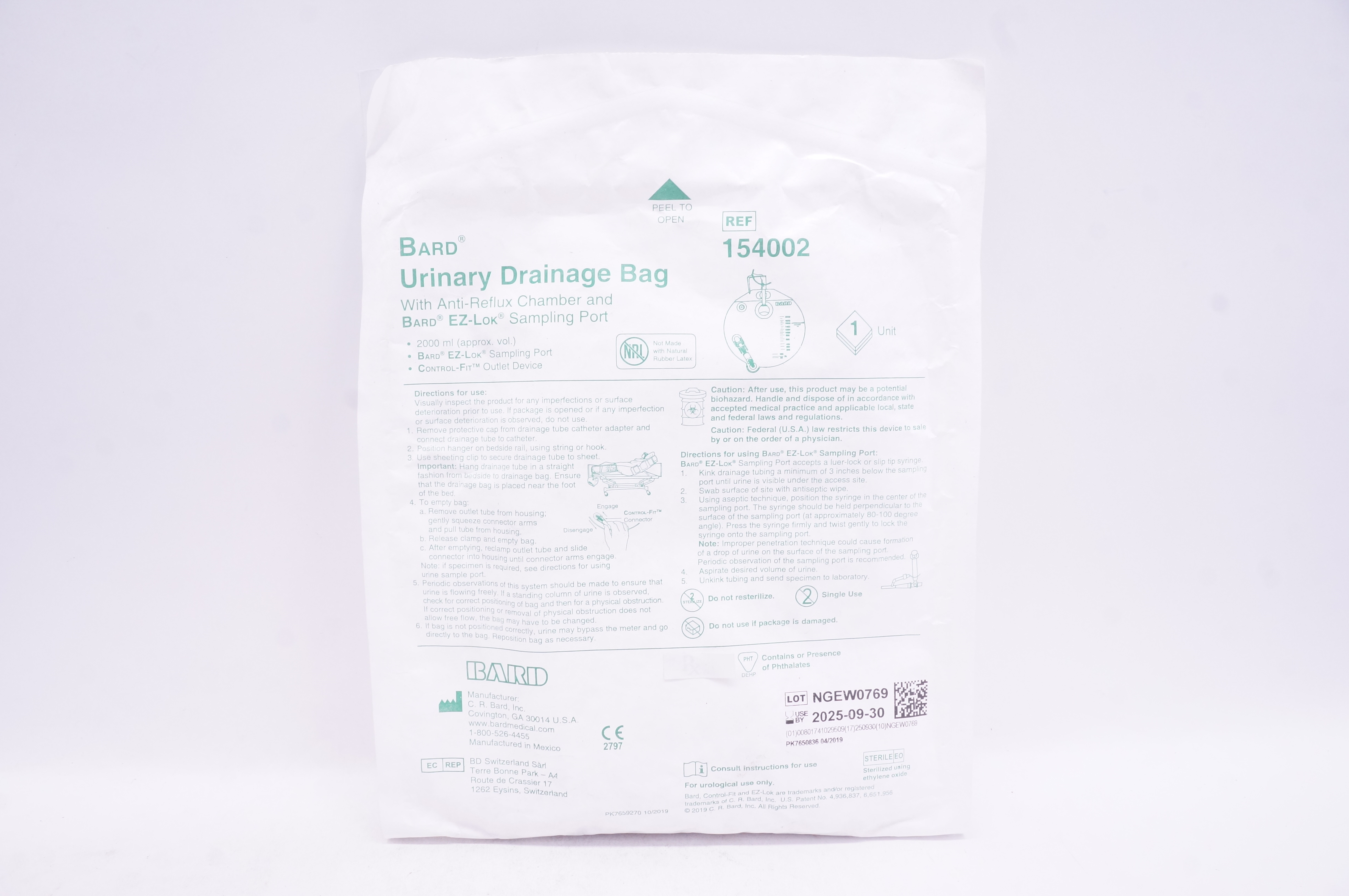 Bard 154002 Urinary Drainage Bag with Anti-Reflux Chamber & Sampling Port 2000ml