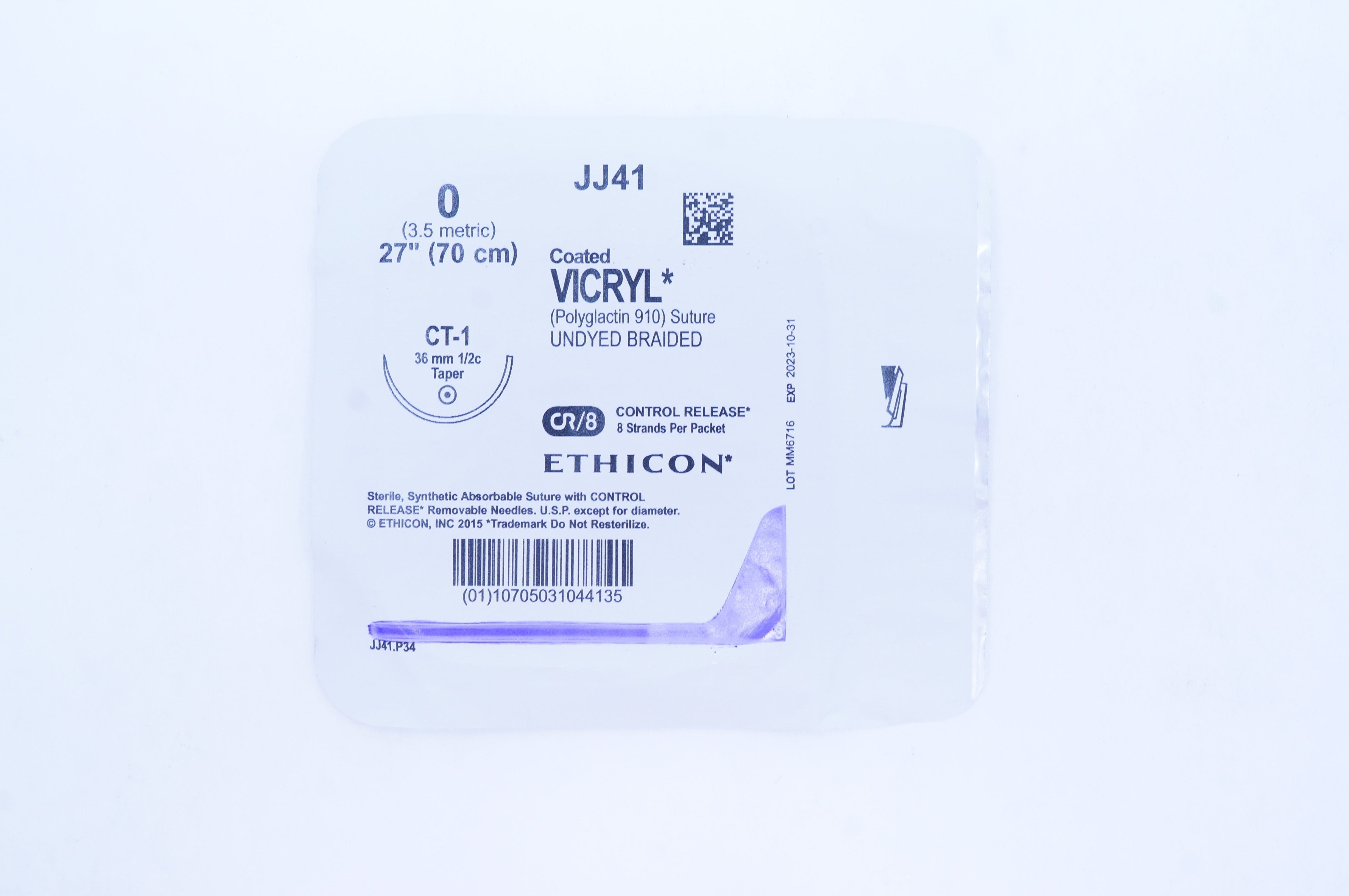 Ethicon JJ41 0 Coated VICRYL CT-1 36mm 1/2c Taper, 27inch