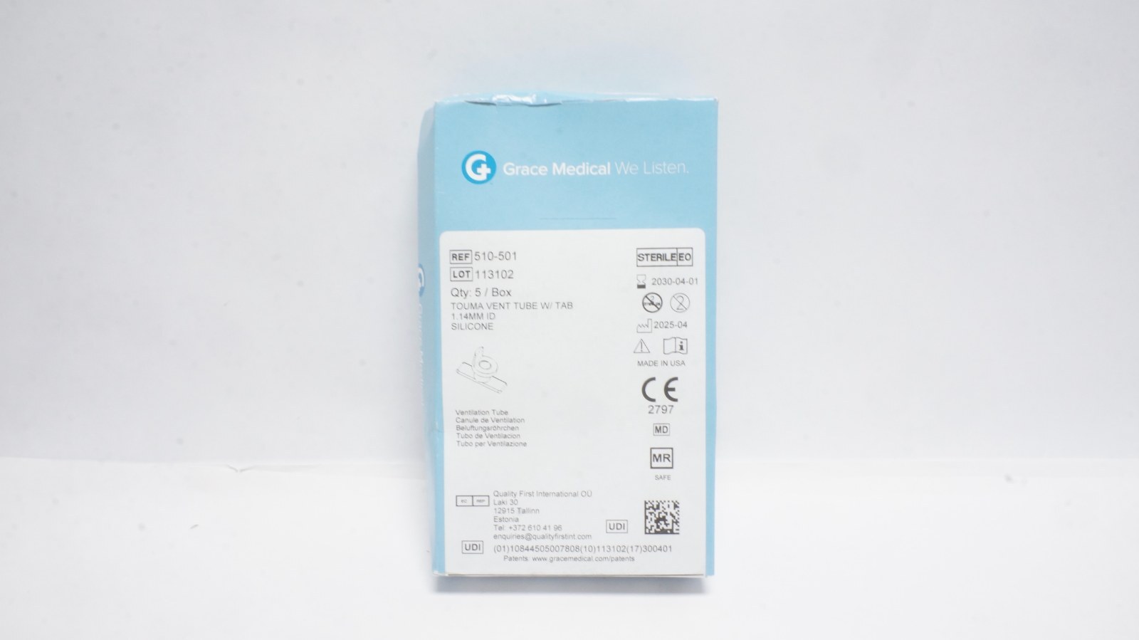 Grace Medical 510-501 TOUMA VENT TUBE W/ TAB 1.14MM ID Silicone - box of 5