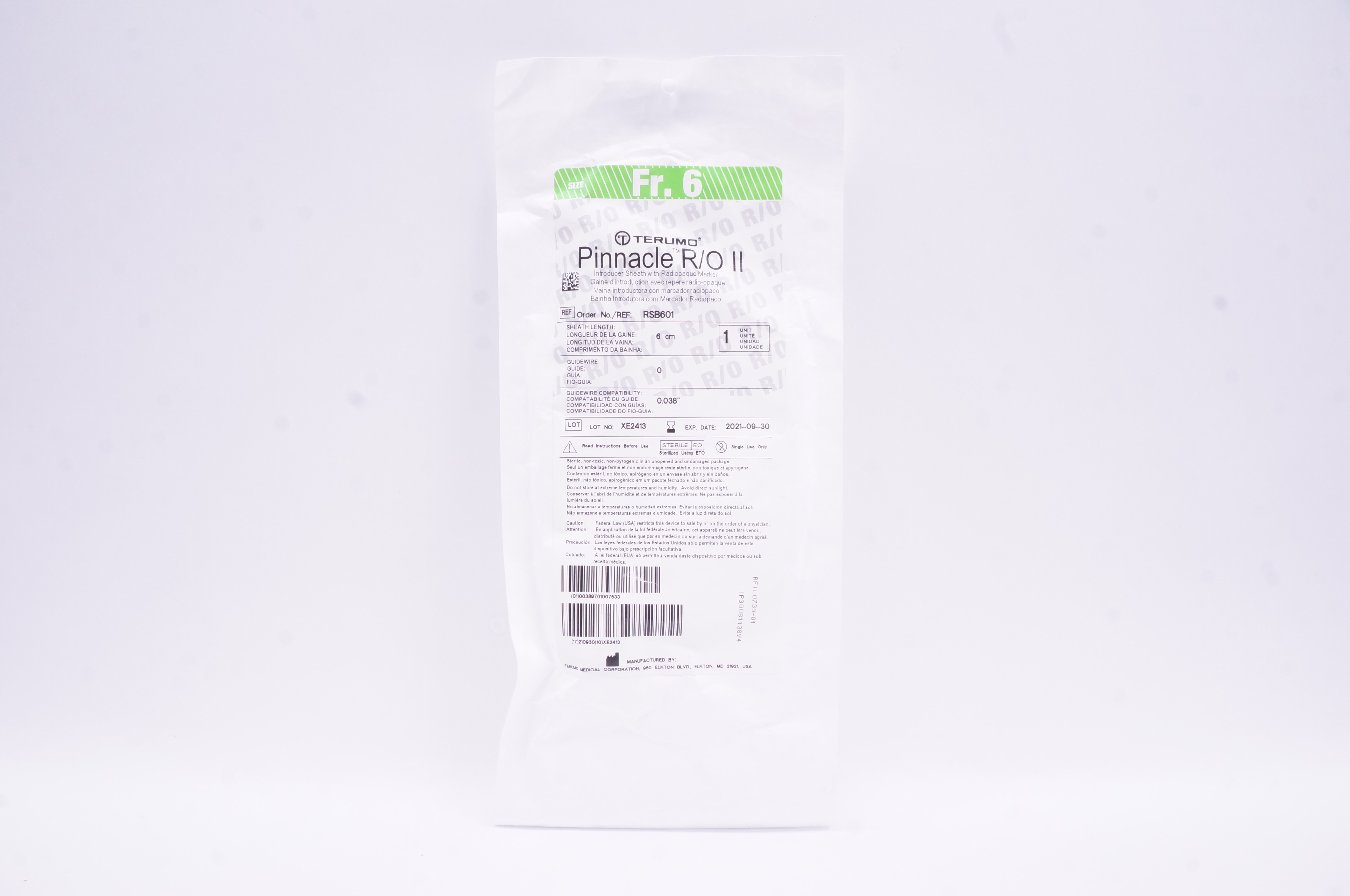 Terumo RSB601 Pinnacle Introducer Sheath with Radiopaque Marker 6Fr x 6cm