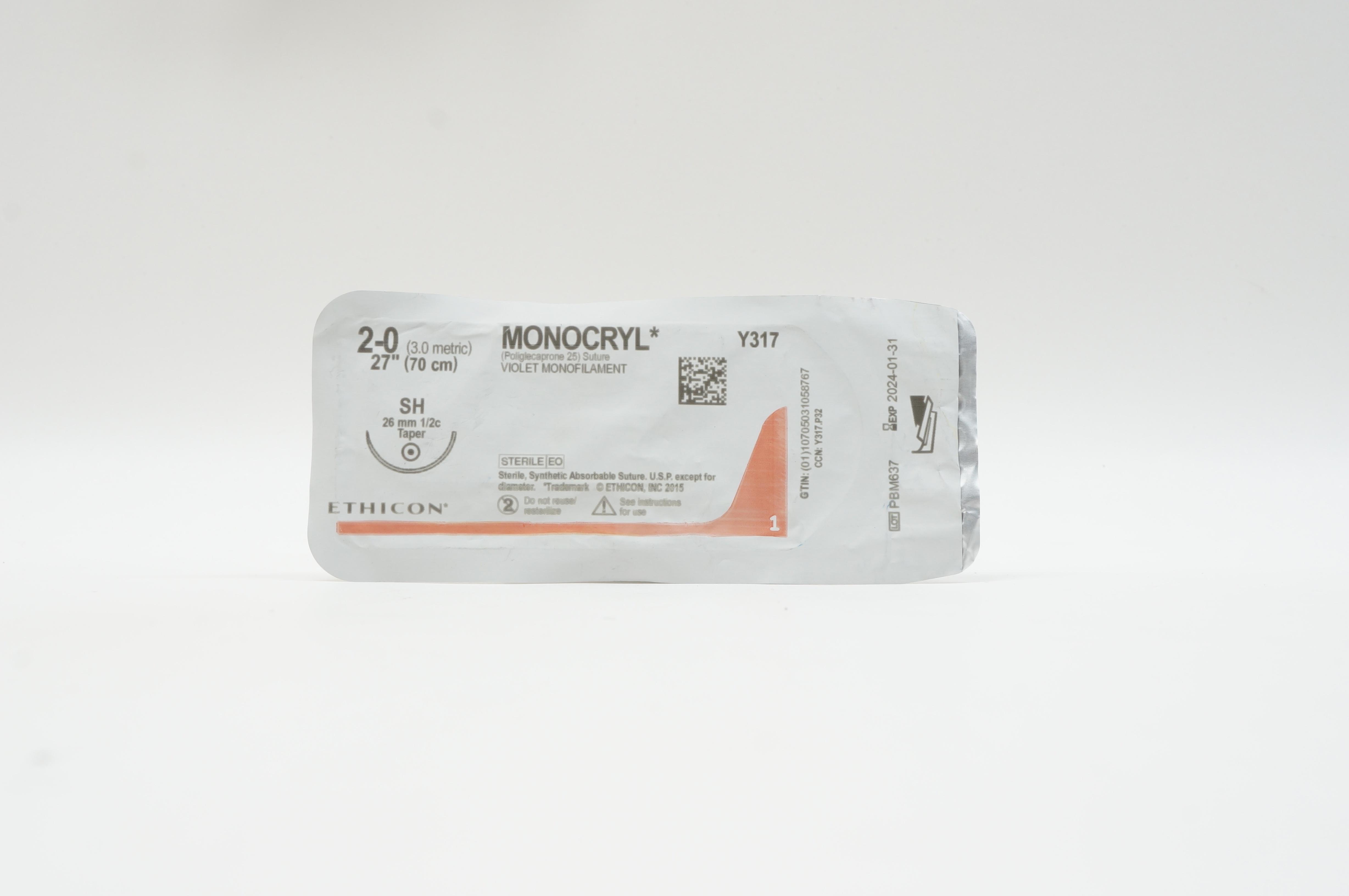 Ethicon Y317 2-0 MONOCRYL, SH, 26mm 1/2c Taper, 27inch