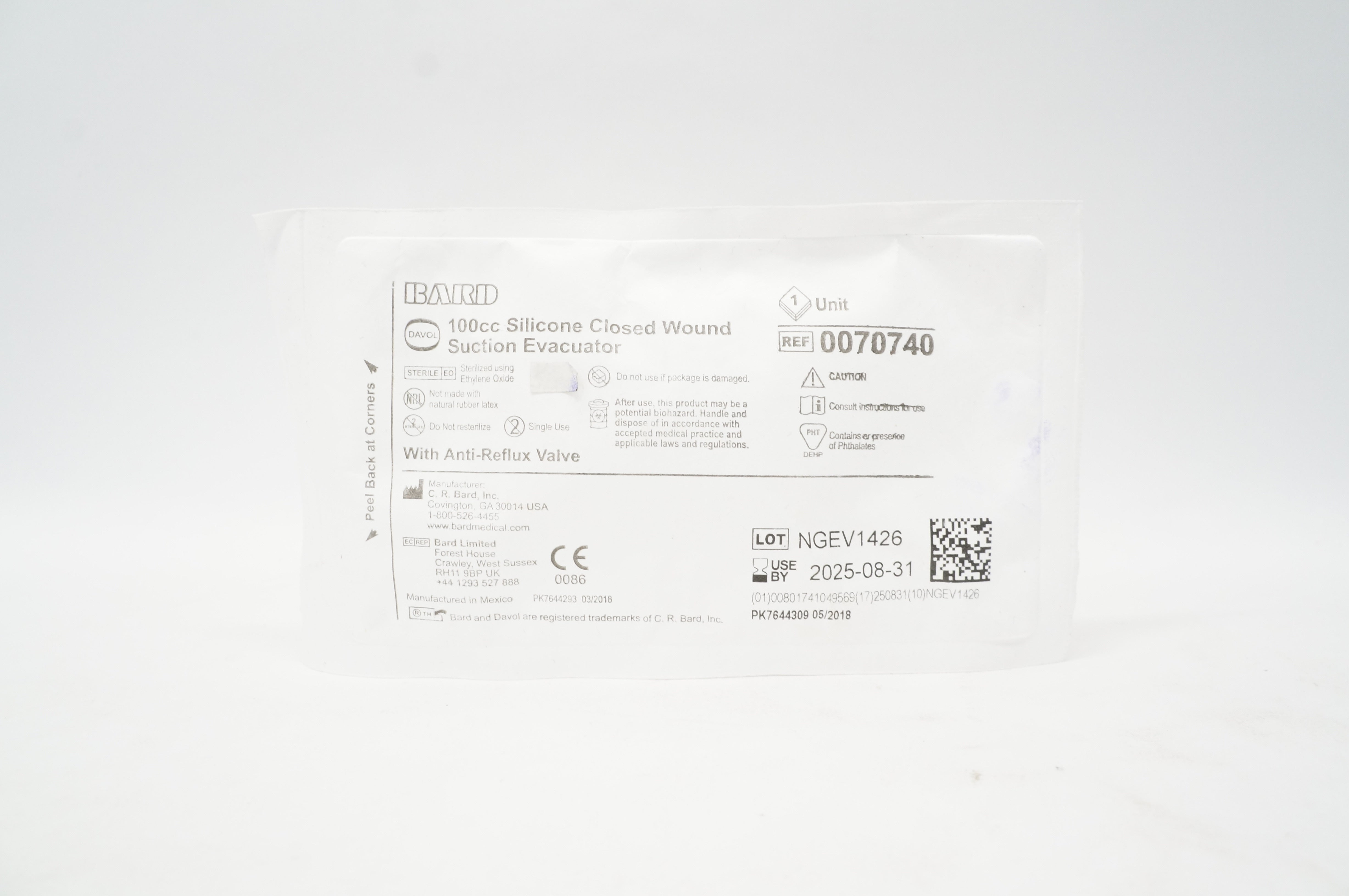 Bard 0070740 Davol 100cc Silicone Closed Wound Suction Evacuator