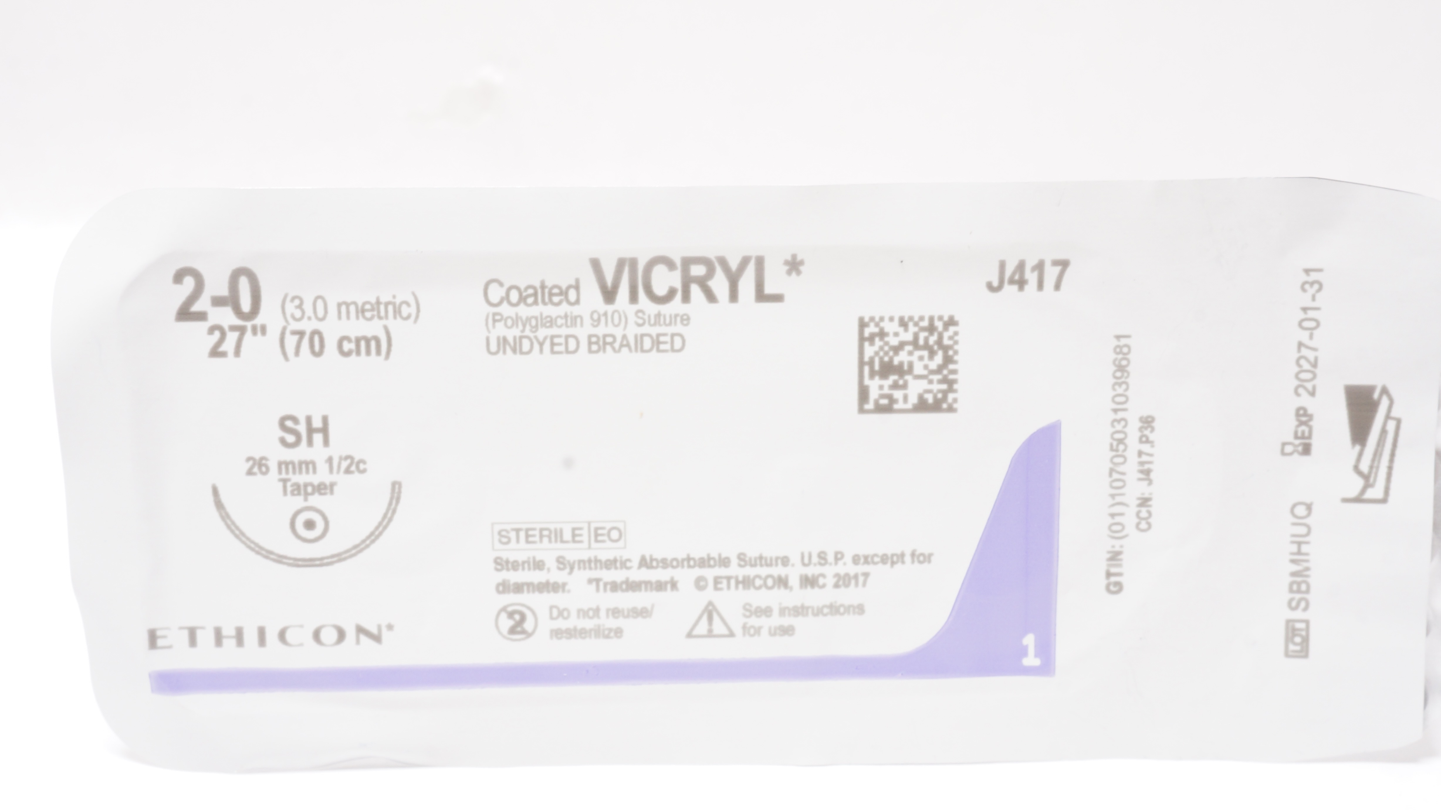Ethicon J417 2-0 Coated VICRYL Polyglactin 910 Stre SH 26mm 1/2c Taper, 27inch