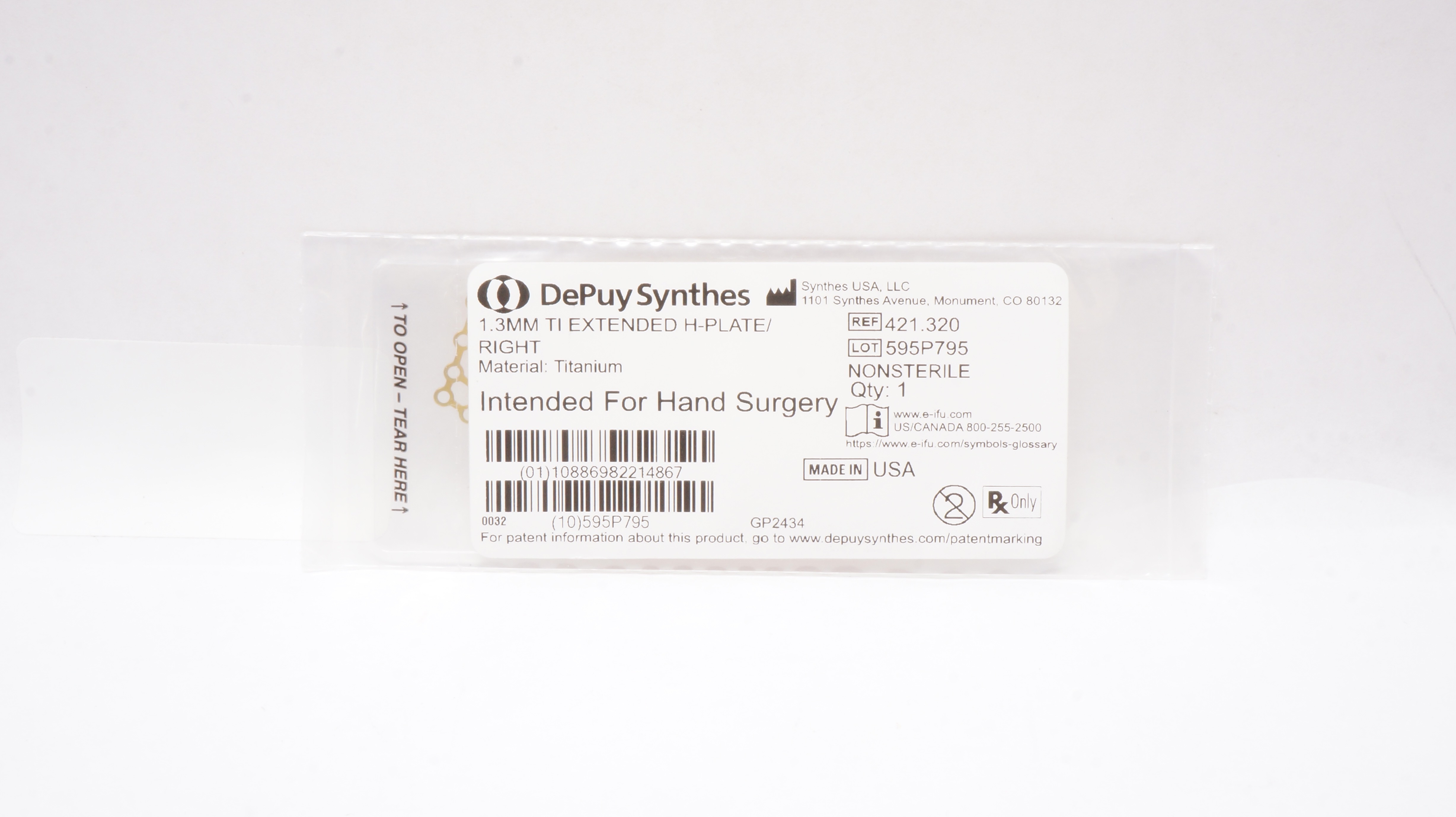DePuy 421.320 Titanium Extended H-Plte 1.3mm