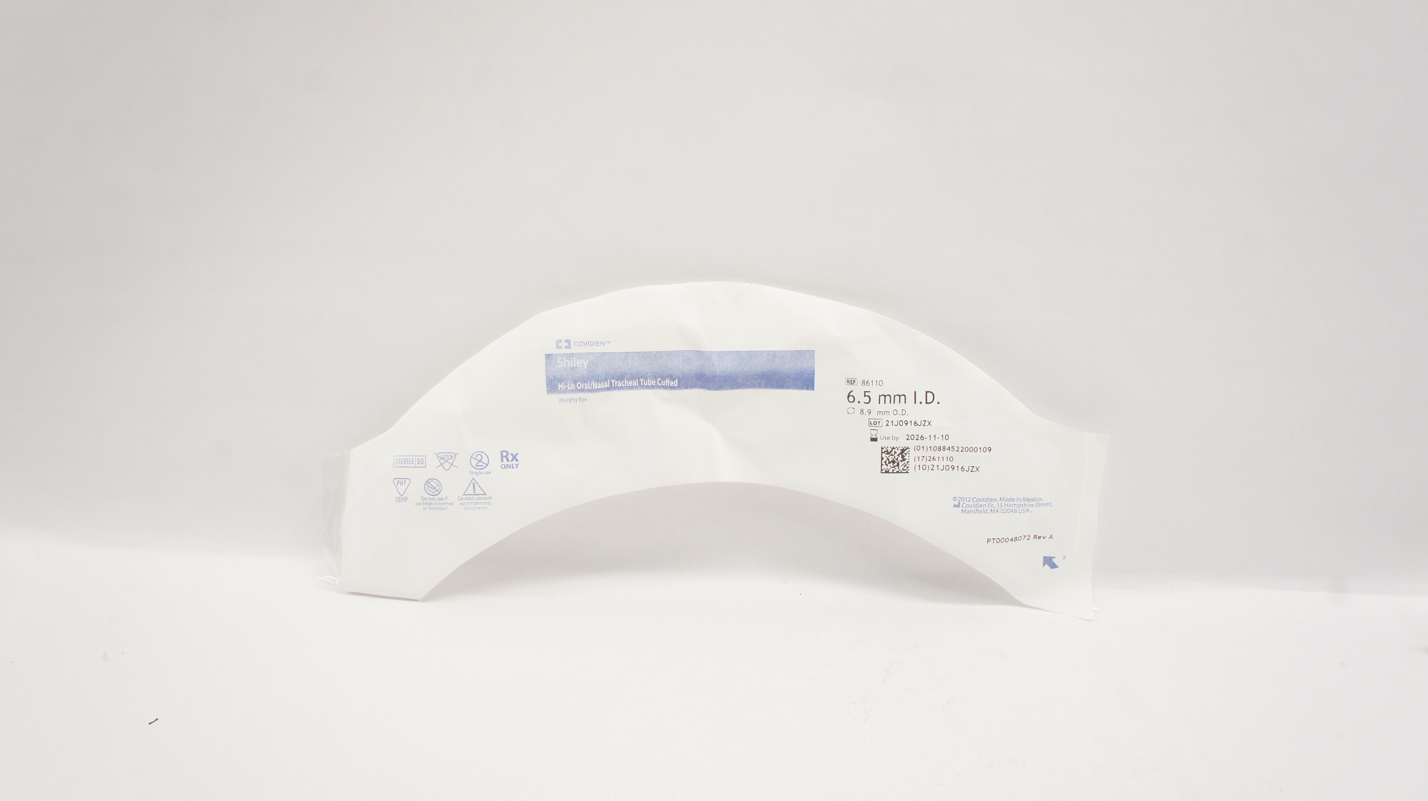 Covidien 86110 Shiley Hi-Lo Oral/Nasal Tracheal Tube Cuffed 6.5mm ID x 8.9mm OD