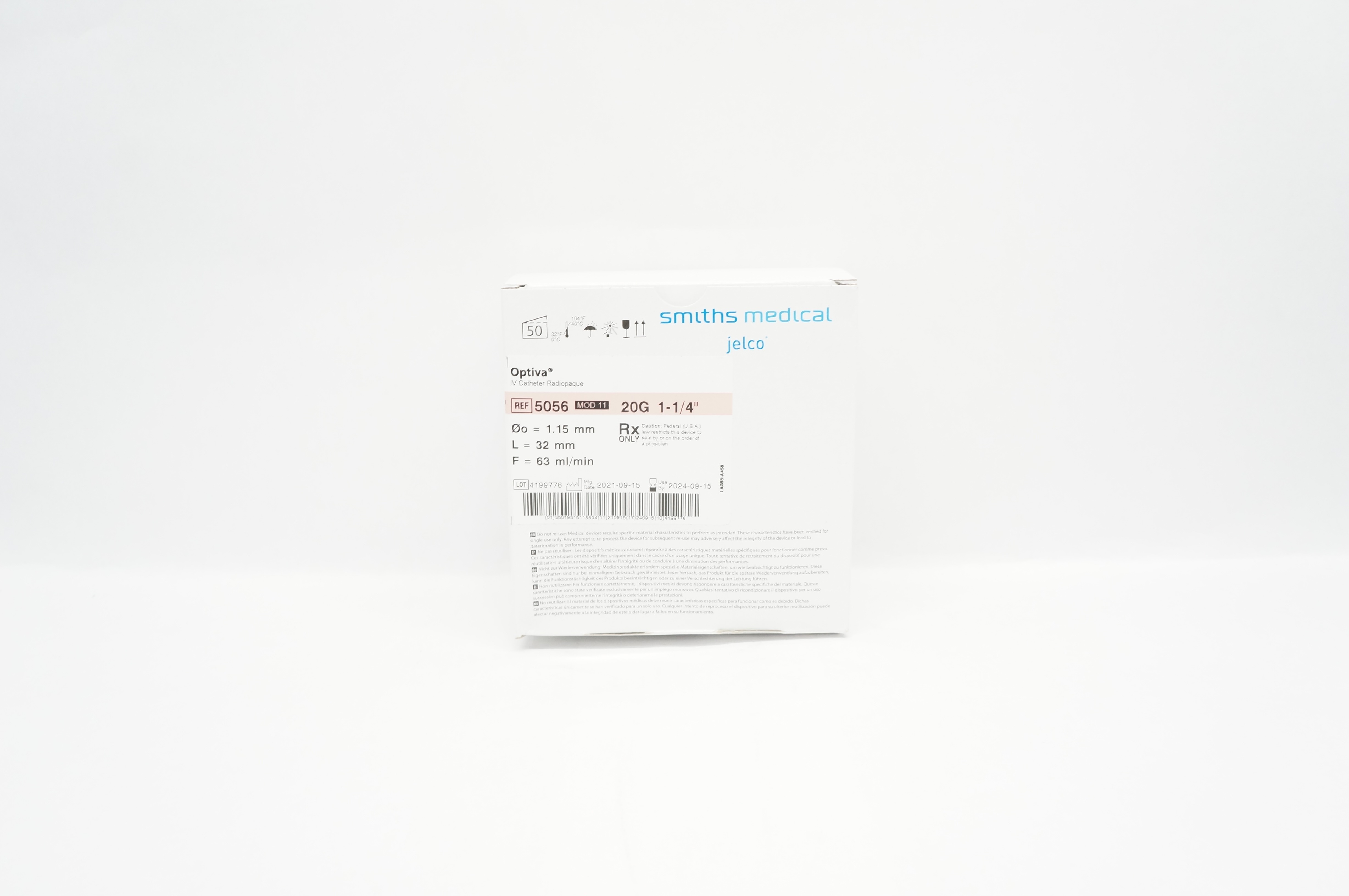 Smiths Medical 5056 Jelco Optiva IV Cath. Radiopaque 20G x 1-1/4inch - Box of 50
