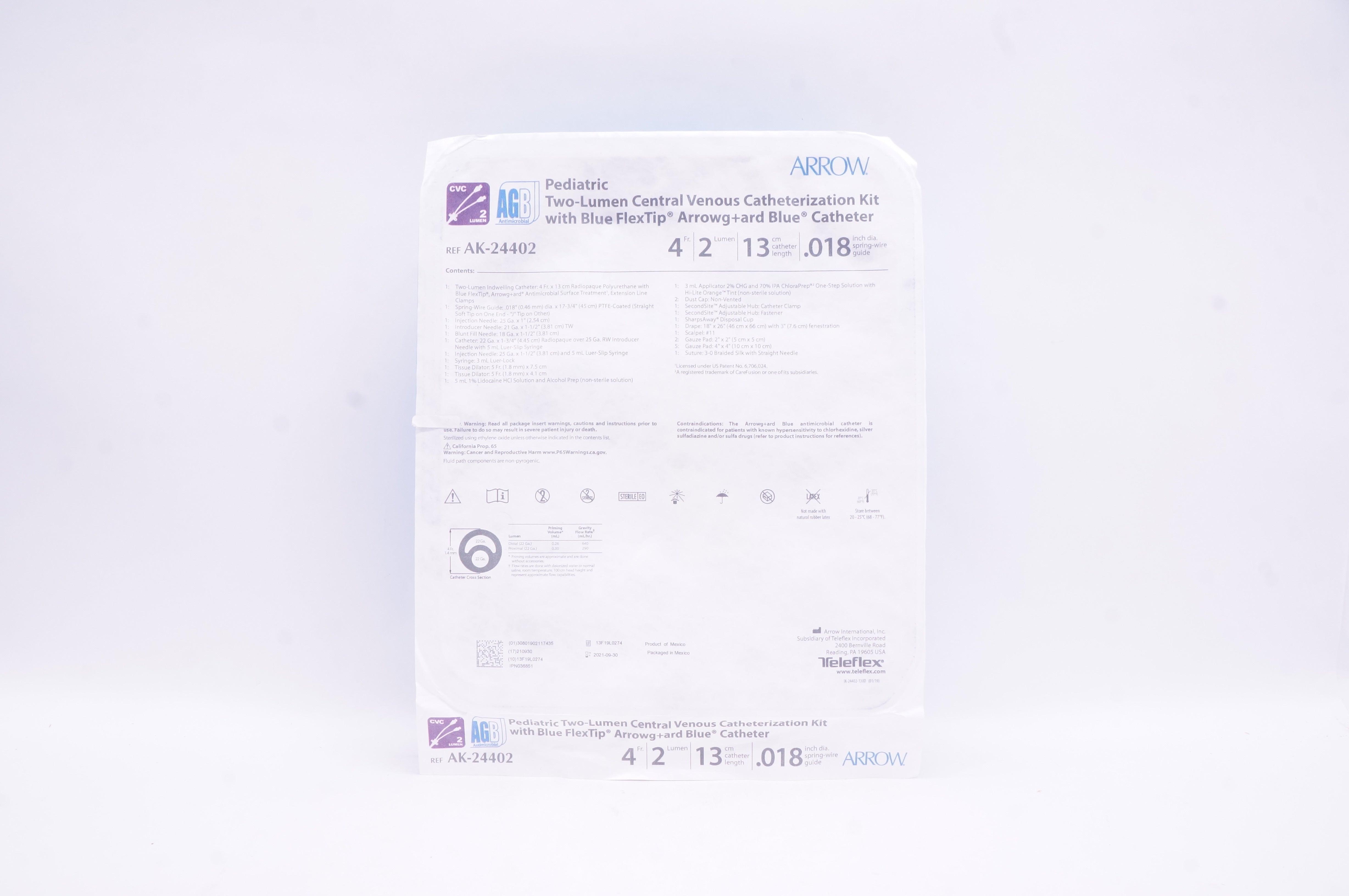 Arrow  AK-24402 Pediatric Two-Lumen Central Venous Cath. Kit 4Fr 13cm .018in