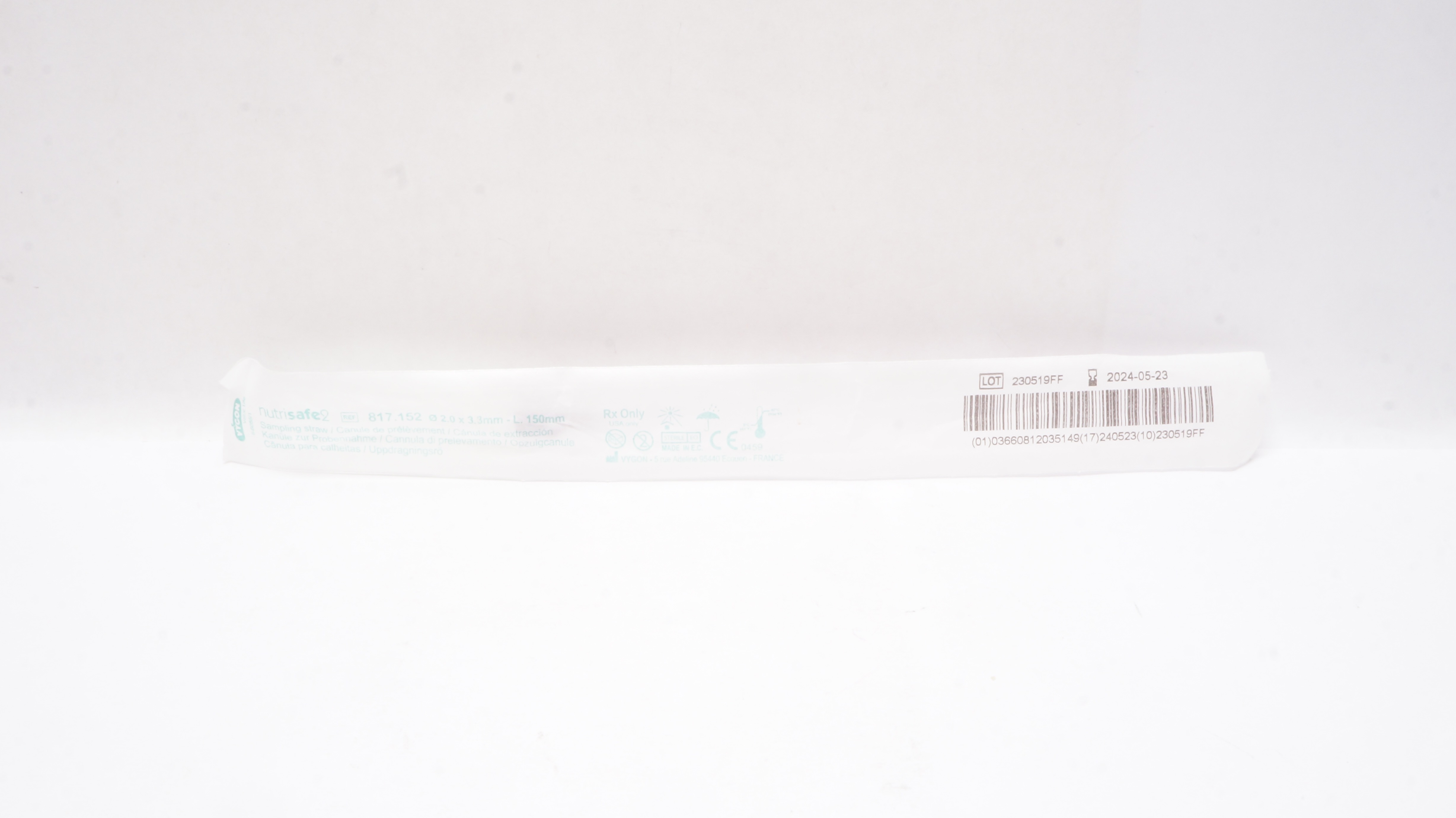 Vygon 817.152 NutriSafe2 Sampling Straw 2.0 x 3.3mm x 150mm