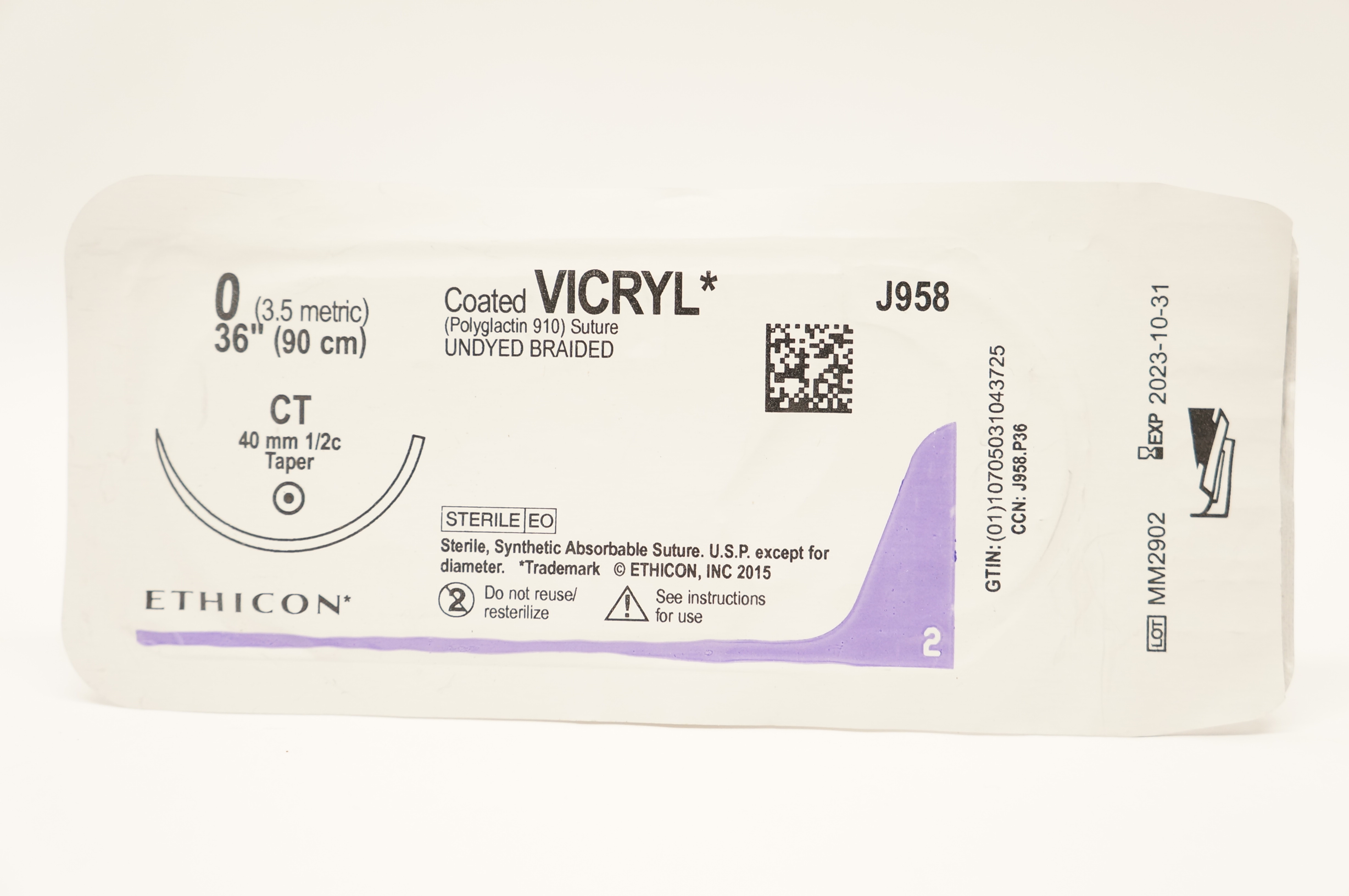 Ethicon J958 0 Coated VICRYL Polyglactin Stre CT 40mm 1/2c Taper, 36inch