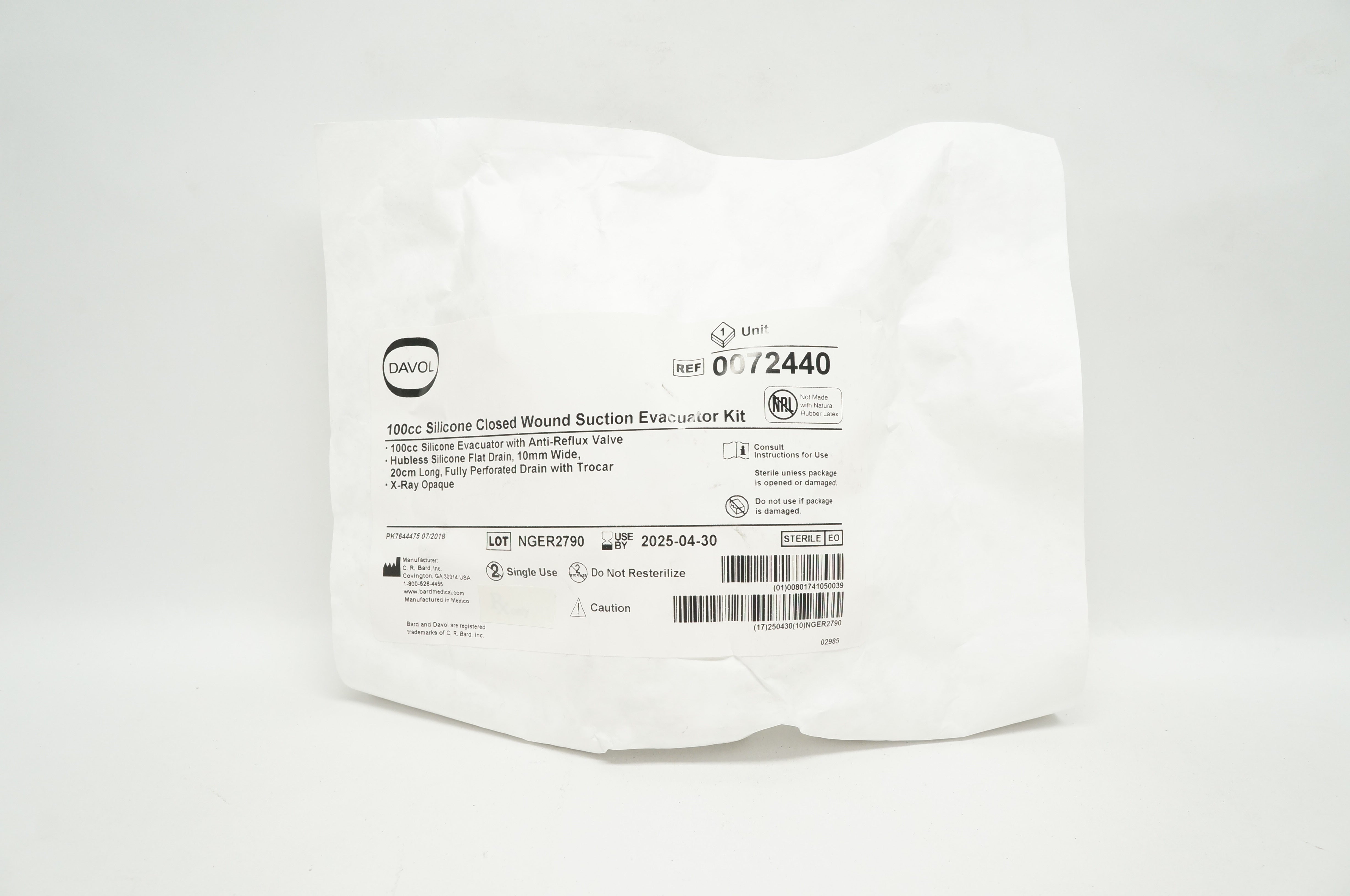 Bard 0072440 100cc Silicone Closed Wound Suction Evacuator Kit