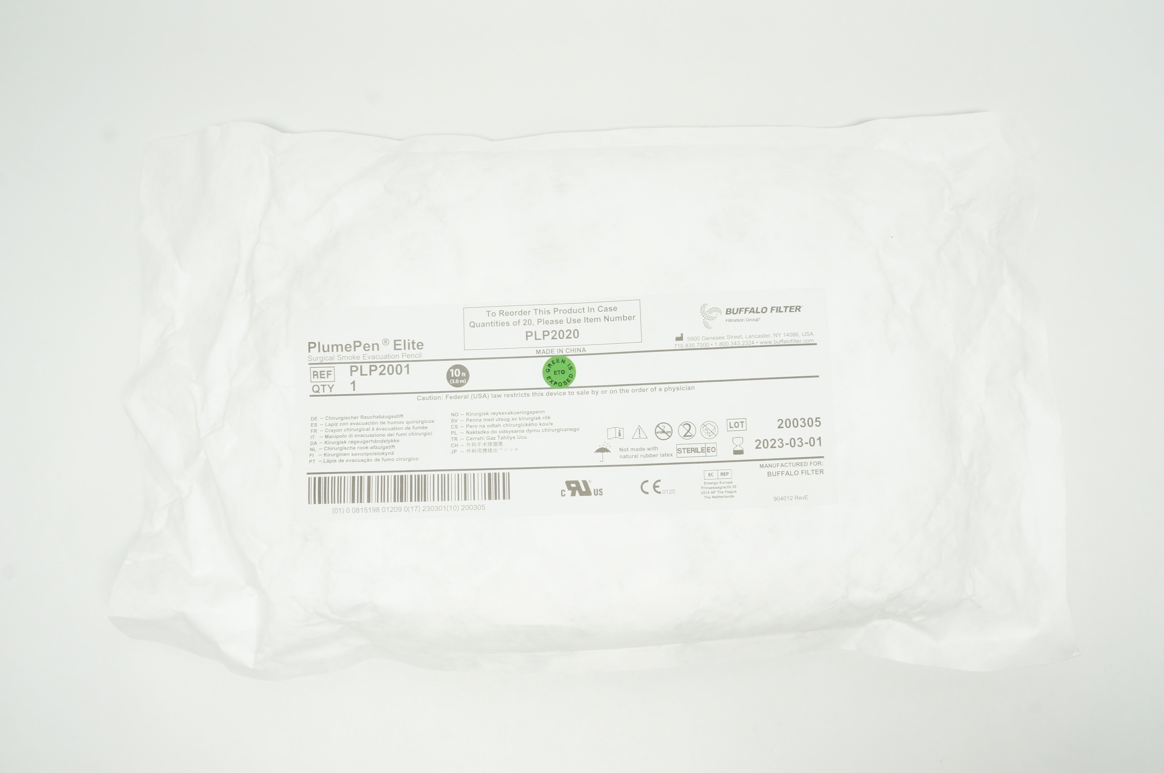 Buffalo Filter PLP2001 PlumePen Elite Surgical Smoke Evacuation Pencil 10ft.