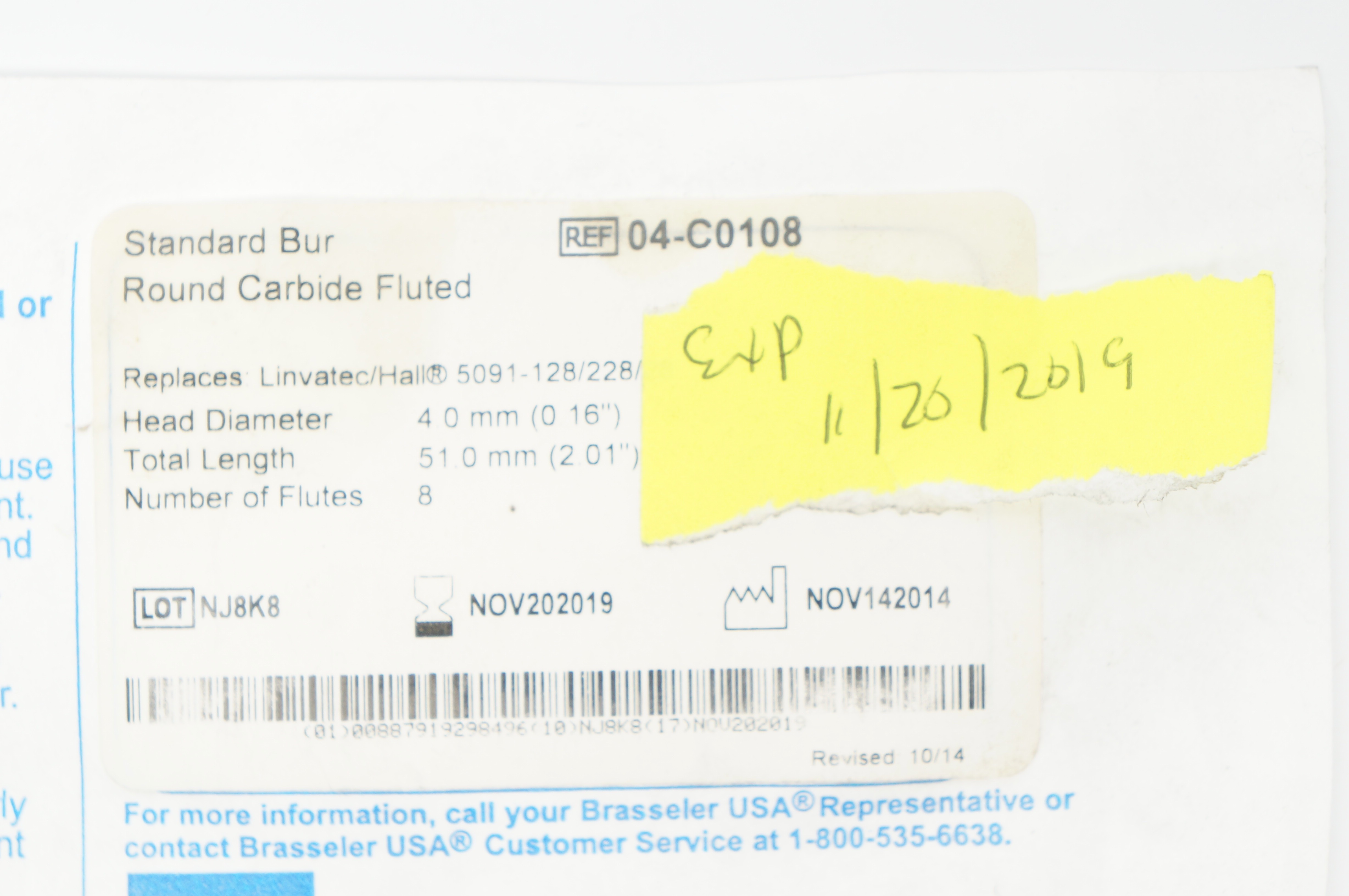 Brasseler USA 04-C0108 Standard Bur Round Carbide Fluted 0.16in x 2.01in (x)