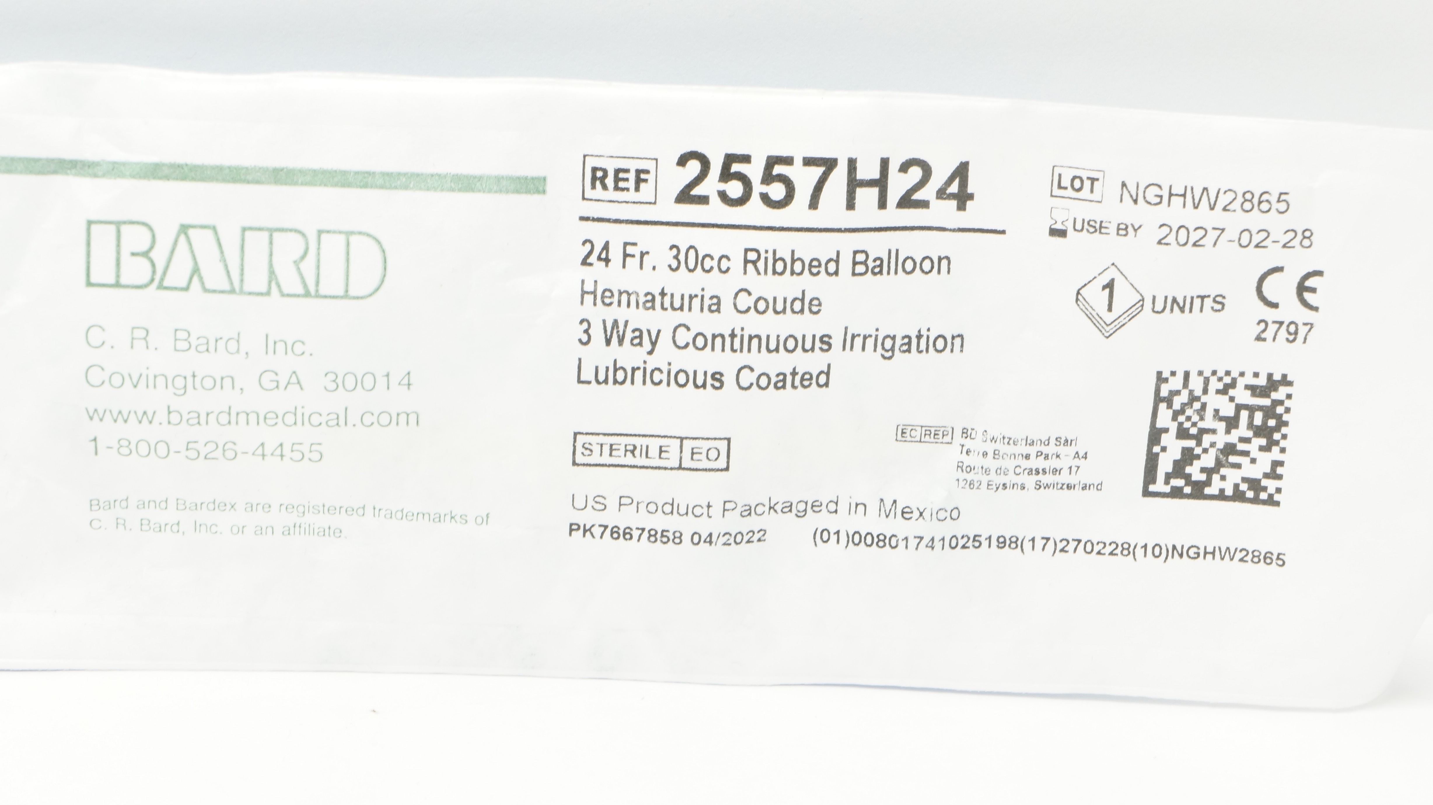 Bard 2557H24 Bardex Foley Cath. 24Fr 30cc Hematuria Coude Lubricious Coated