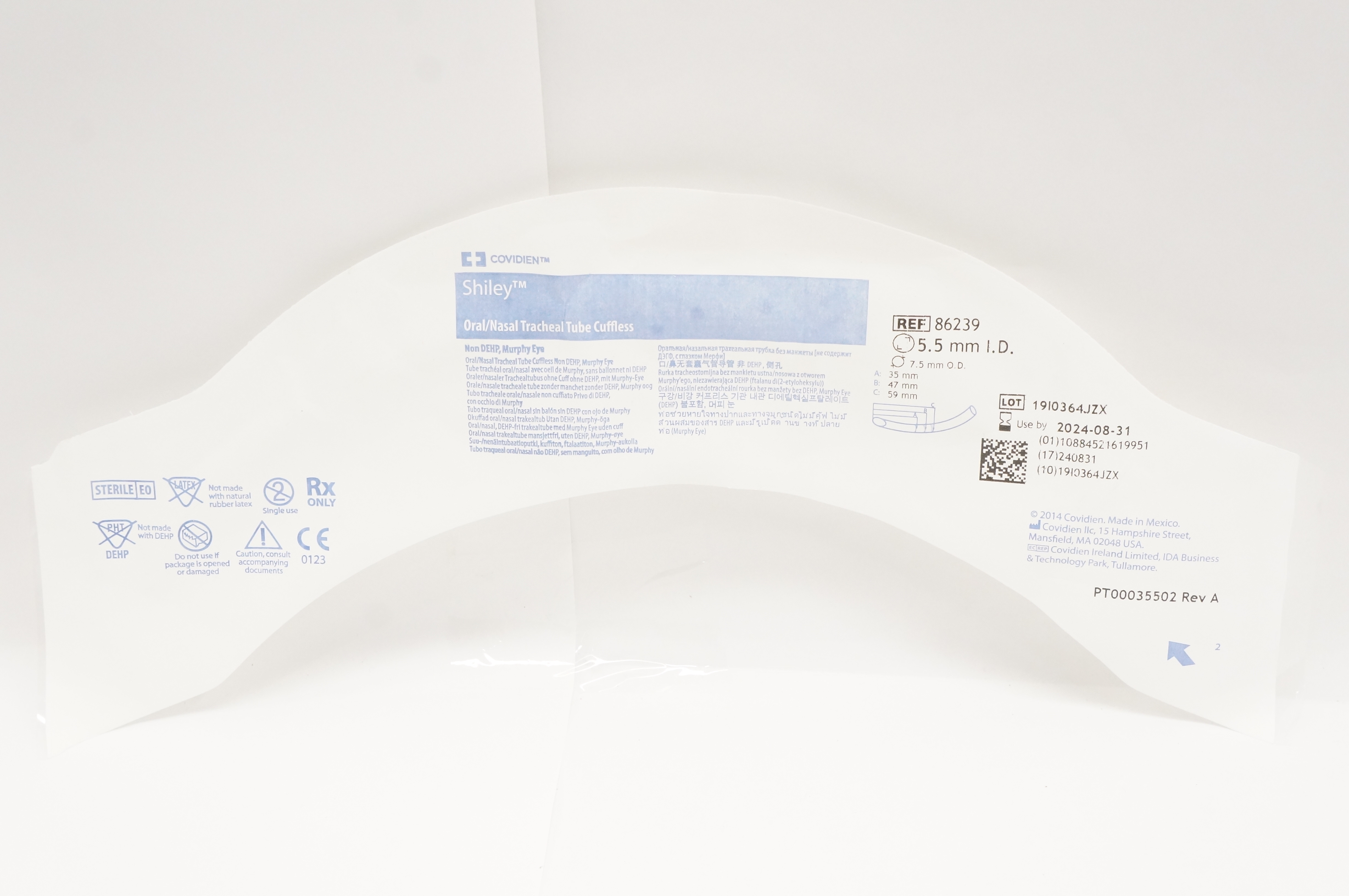 Covidien 86239 Shiley Oral/Nasal Tracheal Tube Cuffless 5.5mm ID