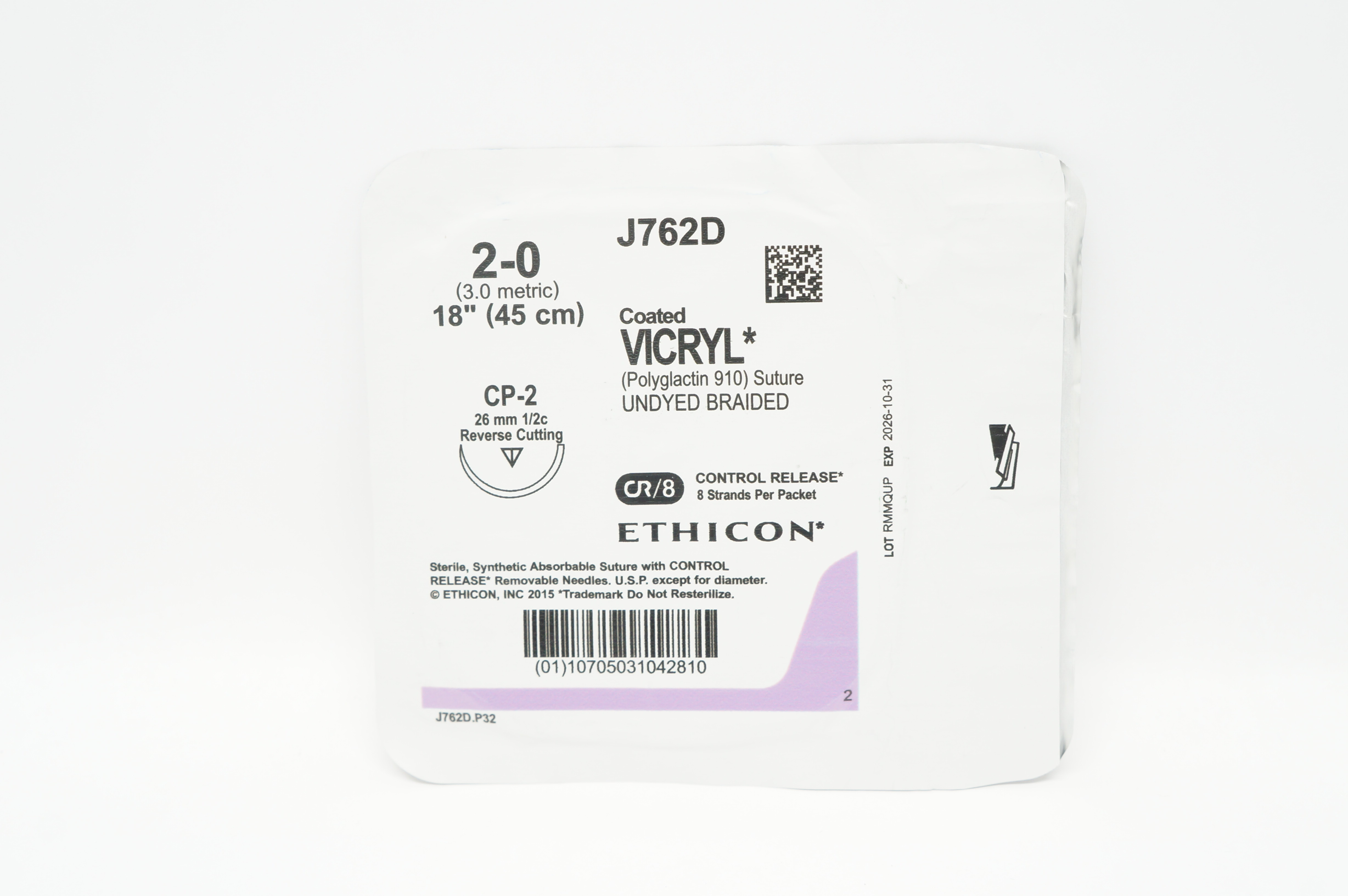 Ethicon J762D 2-0 Coated VICRYL Stre CP-2 26mm 1/2c Reverse Cutting, 18inch